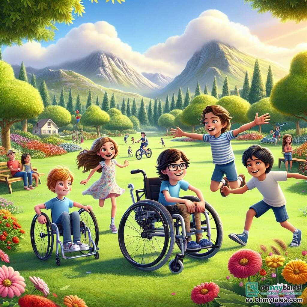En un parque soleado, cuatro amigos se preparan para una gran aventura. Leo, un niño de 10 años en su silla de ruedas, sonríe con entusiasmo. Sofía, una niña de 9 años con largos cabellos rubios y un vestido colorido, salta de alegría junto a Leo. Tomás, un niño de 10 años con el cabello negro alborotado y una camiseta a rayas, empuja suavemente la silla de Leo. Pablo, un niño de 9 años con cabello castaño y un pantalón corto azul, está de pie al fondo, levantando los brazos para animar a sus amigos. El parque está lleno de flores coloridas, árboles verdes y un gran césped donde juegan los niños. Al fondo se ven montañas bajo un cielo azul claro con nubes blancas esponjosas. La escena principal muestra a Leo, sonriente y confiado, en una bicicleta adaptada, mientras sus amigos lo animan con gritos de alegría. Todos juntos, unidos por la amistad y la confianza en sí mismos, listos para vivir una nueva experiencia.