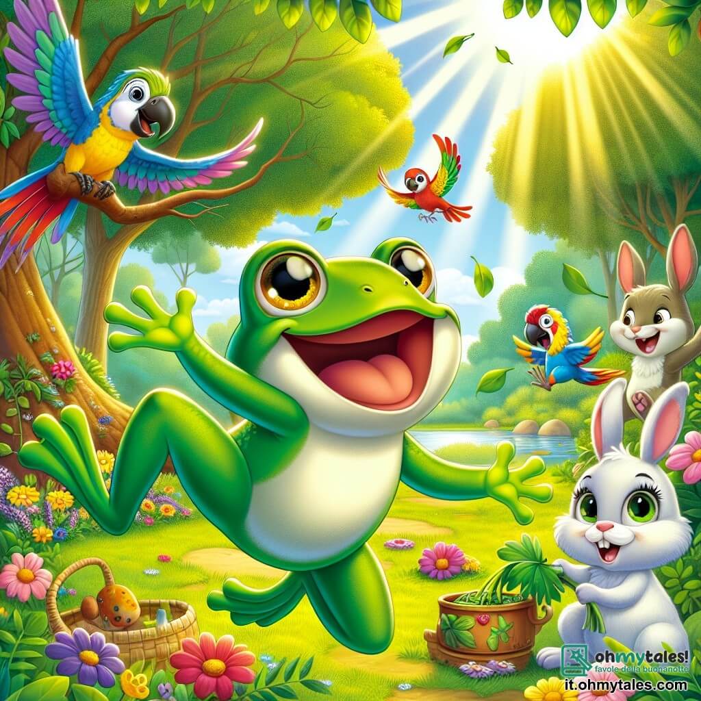Una rana gioiosa di nome Raffaele, con una pelle verde brillante e grandi occhi scintillanti, salta al centro di un radura soleggiata, circondata da fiori colorati e foglie lucenti, mostrando un grande sorriso di eccitazione. Accanto a lui, Gino, il pappagallo dalle piume multicolori, vola in cerchio, ridendo mentre cerca di decorare un albero con dei fiori, mentre Lola, il piccolo coniglio dalle grandi orecchie e pelo morbido, è accovacciata, preparando un'insalata di foglie, con un'espressione concentrata sul volto. Il luogo è una radura verdeggiante, bagnata dalla luce dorata del sole, con sullo sfondo grandi alberi maestosi e un dolce ruscello che scorre nelle vicinanze. La scena principale mostra Raffaele e i suoi amici che celebrano una festa gioiosa, ballando e ridendo sotto un cielo azzurro, pronti a divertirsi insieme nonostante qualche piccolo imprevisto.