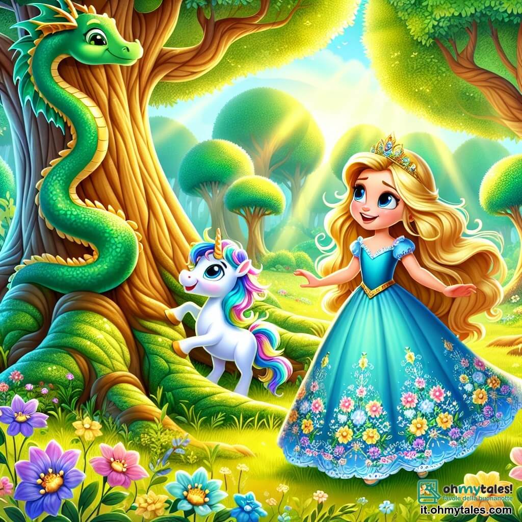 La principessa Stella, una ragazza di circa 10 anni, ha lunghi capelli dorati che fluttuano al vento e indossa un magnifico vestito blu decorato con motivi floreali. Sorride meravigliata mentre scopre un antico albero maestoso al centro di una radura. Accanto a lei, un piccolo drago verde, con squame brillanti e occhi scintillanti, la osserva con curiosità, le ali leggermente spiegate, pronto ad aiutarla nella sua avventura. Un unicorno dai crini colorati, con una corna scintillante, si trova un po' in disparte, guardando Stella con benevolenza, le zampe bianche ancorate nell'erba verde. La scena si svolge in una foresta incantata, con alberi alti e maestosi, foglie verdi brillanti e fiori multicolori che creano un tappeto di colori vivaci. La luce del sole filtra tra i rami, illuminando la radura con una dolce luce dorata. Stella, meravigliata, si avvicina all'albero antico, pronta a scoprire il tesoro nascosto alla sua base, mentre i suoi amici la incoraggiano con entusiasmo, creando un'atmosfera magica e piena di avventura.