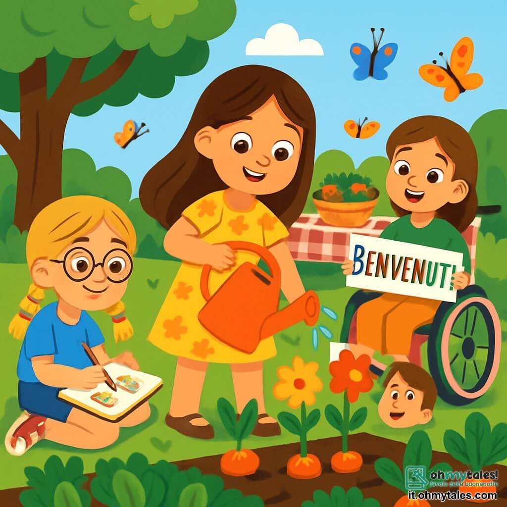 Ci sono 3 personaggi: - Silvia: una ragazza di 10 anni, con lunghi capelli castani e occhi scintillanti, indossa un vestito giallo a fiori e tiene un annaffiatoio di plastica. È al centro, sorridente, mentre annaffia le piante. - Elisa: una ragazza di 9 anni, con capelli biondi intrecciati e occhiali rotondi, indossa una maglietta blu e un pantaloncino di jeans. È a sinistra, seduta sull'erba, mentre disegna fiori su un quaderno. - Marta: una ragazza di 10 anni, con capelli castani e un sorriso caloroso, è su una piccola sedia a rotelle rosa. Indossa una camicetta verde e tiene un cartello colorato con la scritta "Benvenuti". È a destra, guardando le sue amiche con entusiasmo. L'ambientazione è un giardino comunitario vibrante di colori, pieno di file di ortaggi verdi, fiori vivaci e un cielo azzurro chiaro. Sullo sfondo, un grande albero ombreggiante offre riparo, mentre un tavolo a scacchi è imbandito con piatti di verdure fresche. La scena principale mostra le tre amiche che lavorano insieme nel giardino, con risate e sorrisi, circondate da piante in crescita e farfalle colorate che volano intorno a loro.