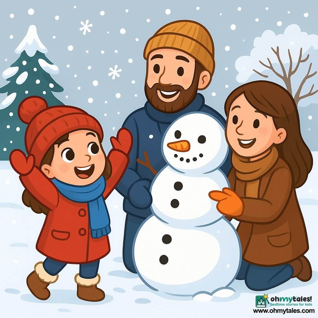 A 6-year-old girl named Lily, with big bright eyes and rosy cheeks, is wearing a bright red coat, a blue wool scarf, and fuzzy boots. She is joyfully laughing, arms raised, trying to catch snowflakes falling around her. Beside her, her father, a man in his thirties with a brown beard and a wool hat, smiles at her while holding a large snowman they just built. Her mother, a woman in her thirties with brown hair and a warm smile, stands a little further away, holding a carrot for the snowman's nose. The setting is a snowy garden, with trees covered in sparkling snow and snowflakes gently falling from the light gray sky. The ground is a stretch of pristine snow, scattered with footprints and small piles of snow. The main scene shows Lily, full of joy, dancing in the snow, surrounded by her family as they create a snowman together, embodying the magic and beauty of a winter day.