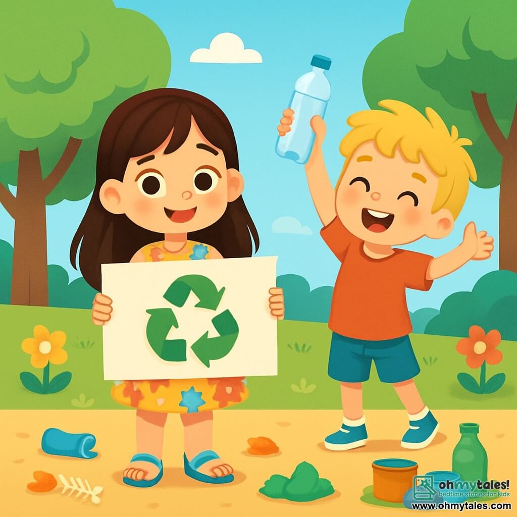A 6-year-old girl, Lucy, with long brown hair and sparkling curious eyes, joyfully smiles while holding a large colorful sign that says "Let's recycle together!" She wears a floral dress and sandals. Next to her is her friend Tom, a 6-year-old boy with messy blonde hair and a red t-shirt, raising his arms excitedly while showing a plastic bottle he just picked up. They are in a bright park surrounded by tall green trees, vibrant flowers, and a clear blue sky. The ground is scattered with colorful litter, as well as small piles of recycling that the children have already started sorting. The main scene shows Lucy and Tom gathering waste to sort it, with radiant smiles on their faces, illustrating their determination to make their neighborhood cleaner and more beautiful.