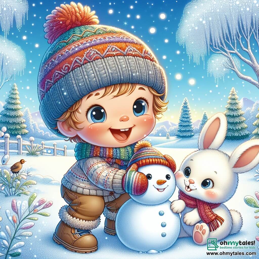 A one-year-old boy with rosy cheeks and sparkling eyes wears a colorful hat, mittens, and wool boots. He is throwing a small snowman, his face beaming with excitement and happiness. Next to him, an adorable little white rabbit with big ears, looking curious and amused, watches the boy while hopping in the snow. The scene is set in an enchanting winter landscape: a field of sparkling snow under a clear blue sky, with trees covered in glistening frost. Snowflakes gently fall around them, creating a magical atmosphere. The main situation shows the boy and the rabbit playing together, the boy laughing heartily as he shapes a snowman, while the rabbit approaches, curious and ready to join in this joyful winter adventure.