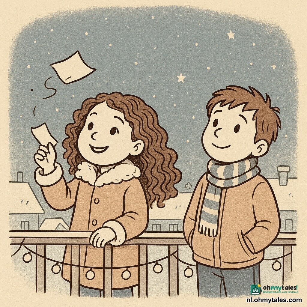 Een meisje van 6 jaar, genaamd Noor, zit op een balkon met glinsterende ogen vol nieuwsgierigheid en vreugde. Ze heeft lang, krullend haar en draagt een warme jas. Noor houdt een klein papiertje vast met daarop geschreven woorden, dat ze in de wind laat vliegen. Naast haar staat een jongen van 7 jaar, haar buurjongen, die vol verwondering naar de lucht kijkt. Hij heeft kort haar en draagt een gestreepte sjaal. Hij staat naast Noor met zijn handen in zijn zakken en een verlegen glimlach op zijn gezicht. Het balkon is versierd met fonkelende lichtslingers en op de achtergrond zijn besneeuwde daken en een sterrenhemel te zien. De scène toont het magische moment waarop de wind het papiertje van Noor zachtjes meeneemt, wat haar wensen voor het nieuwe jaar symboliseert.