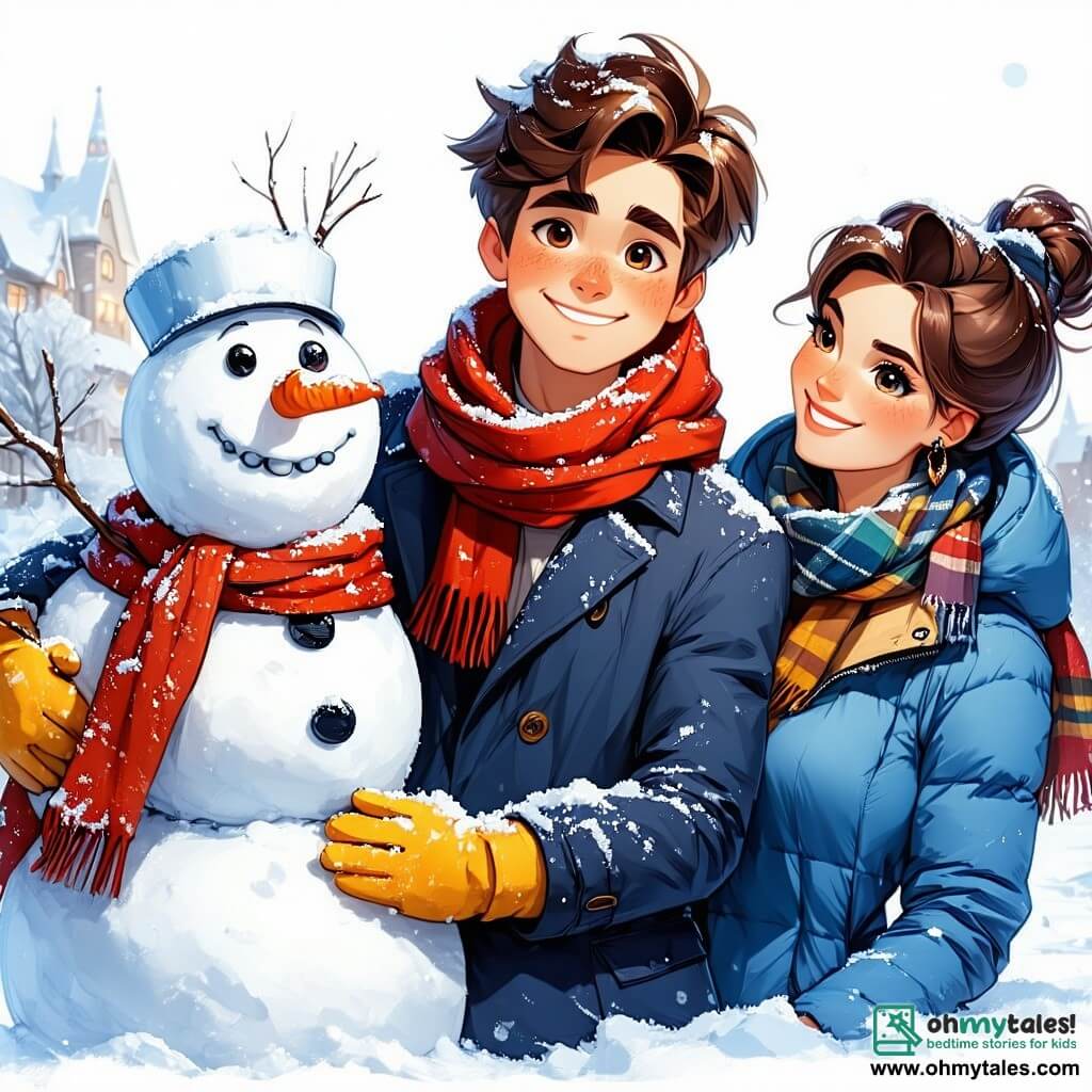 A 7-year-old boy named Oliver is at the center of the image, with messy brown hair and rosy cheeks from the cold. He is wearing a large blue coat, a red scarf, and yellow gloves, smiling in wonder while holding a big snowman he just built. Next to him, his mother, a woman around 35 years old with brown hair in a bun, is placing a hat on the snowman, laughing joyfully. In the background, children are playing, building more snowmen and throwing snowballs, while trees are covered in a thick layer of sparkling snow. The scene takes place in a winter park, with the ground fully covered in shiny snow and a clear blue sky, with a few snowflakes gently falling. The main situation shows Oliver and his mother, surrounded by laughter and joy, creating a beautiful snowman together, symbolizing the spirit of winter and shared happiness.