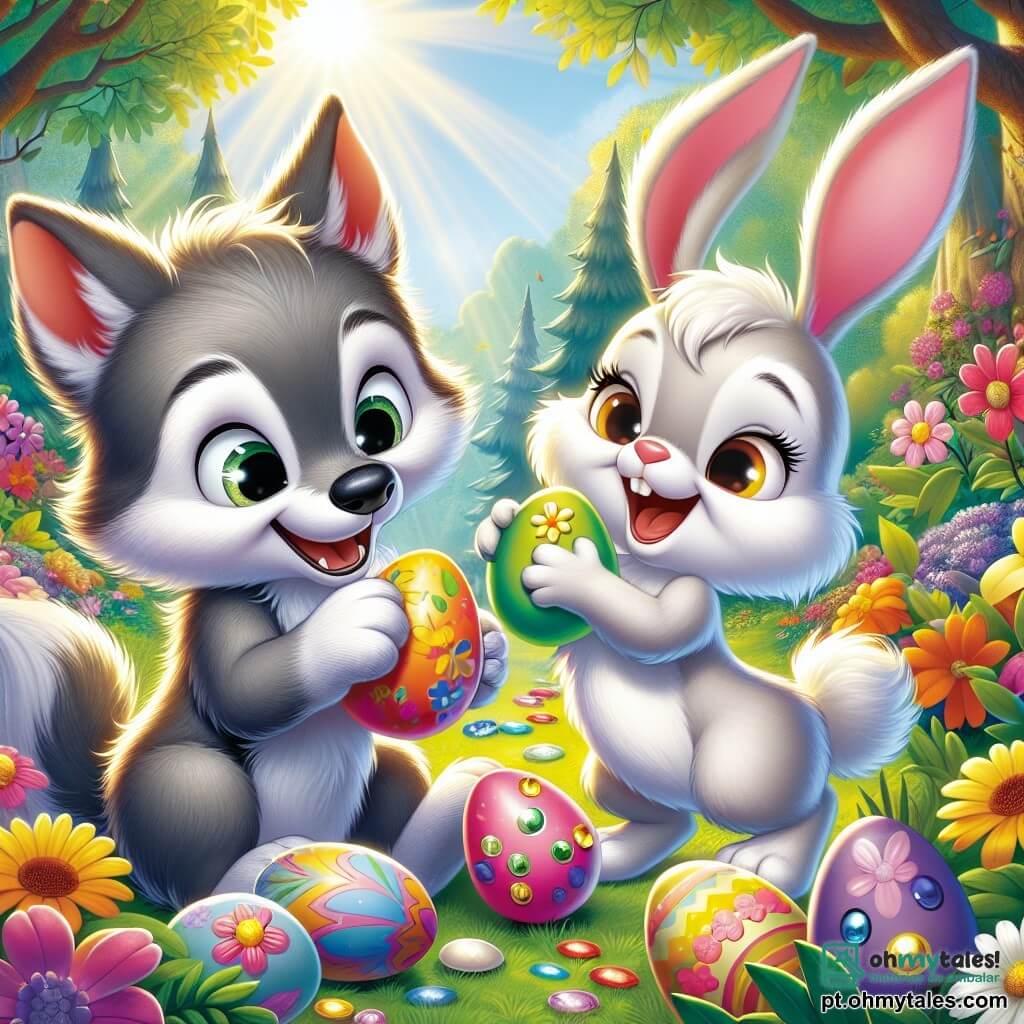 Um pequeno lobo chamado Lupinho, com pelagem cinza suave e olhos brilhantes de alegria, está decorando ovos de Páscoa coloridos em um jardim ensolarado. Ele sorri amplamente, segurando delicadamente uma flor amarela que coloca em um ovo. Ao lado dele, uma coelhinha chamada Mimi, com pelagem branca e grandes orelhas rosas, salta de alegria segurando uma folha verde. Ela sorri muito, cheia de entusiasmo, e se inclina para adicionar pedras brilhantes a outro ovo. O local é um jardim encantador, cheio de flores vibrantes de todas as cores, com árvores majestosas ao fundo e raios de sol filtrando pelas folhas, criando uma atmosfera mágica e alegre. A cena principal mostra Lupinho e Mimi, concentrados e felizes, criando ovos de Páscoa decorados, cercados de magia e risadas, prontos para compartilhar suas criações com os amigos.