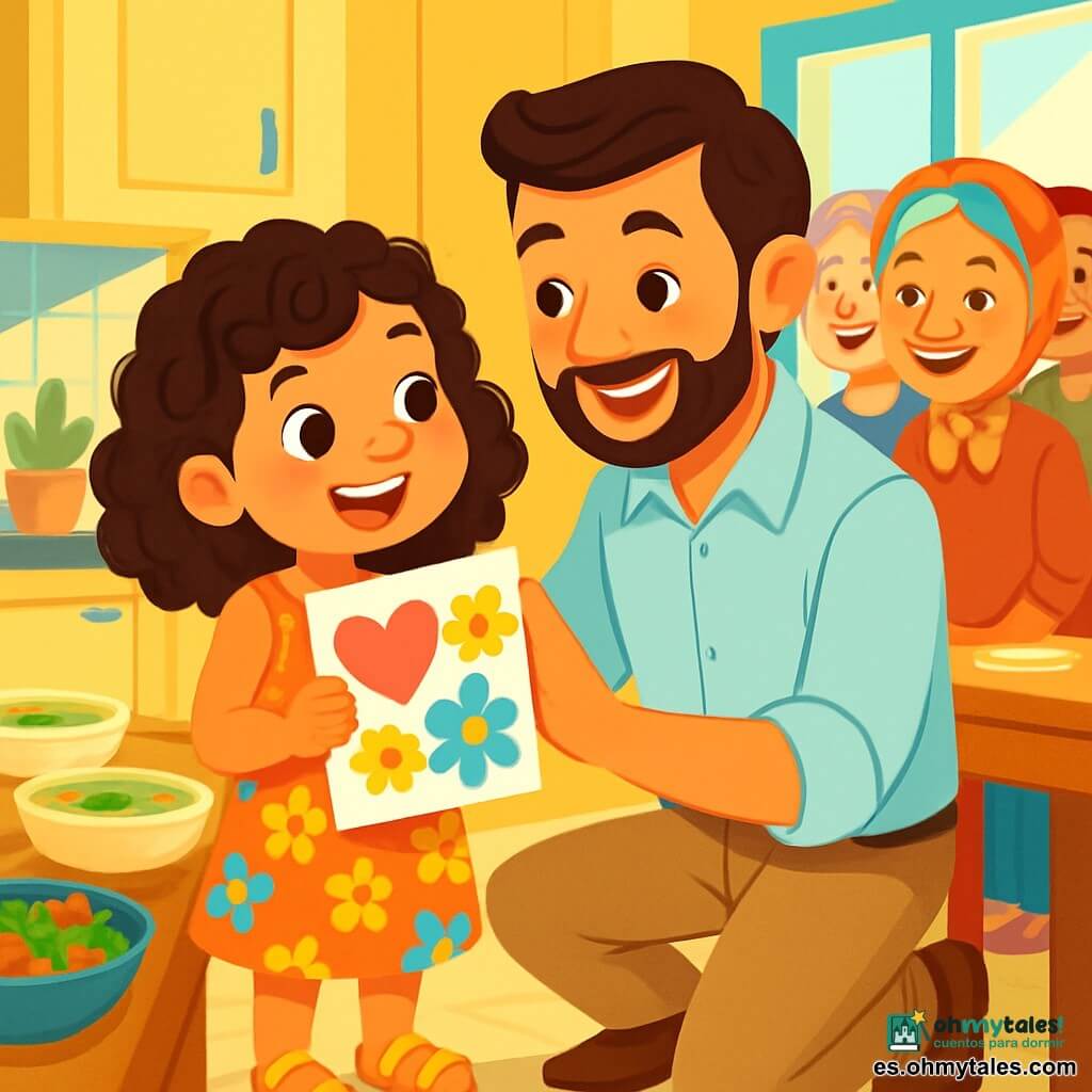 Una niña de 6 años, con grandes ojos brillantes y cabello rizado, sonríe alegremente mientras sostiene una tarjeta decorada con dibujos coloridos. Lleva un vestido ligero con motivos de flores brillantes y sandalias doradas. A su lado, su papá, un hombre de unos treinta años con barba bien cuidada y una sonrisa cálida, la anima dándole una palmadita en el hombro. Él viste una camisa clara y pantalones beige. La escena tiene lugar en una cocina soleada, con paredes pintadas de amarillo pastel y una gran mesa de madera llena de platos apetitosos, como sopas y ensaladas. Los rayos de luz atraviesan las ventanas, iluminando los rostros de los personajes. La niña presenta orgullosamente su tarjeta de agradecimiento a su papá, mientras vecinos sonrientes, incluida una anciana con un pañuelo colorido, se reúnen a su alrededor, creando un ambiente cálido y amigable.