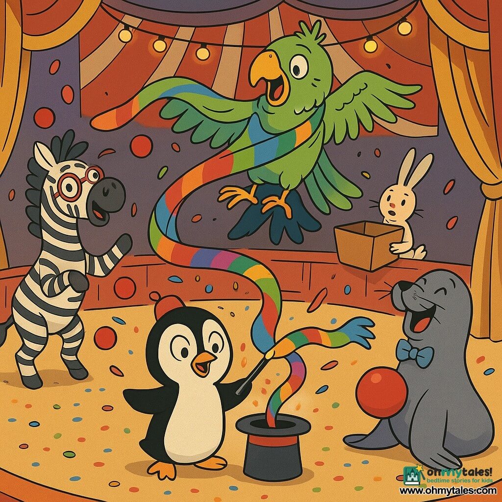 A small black-and-white penguin with a tiny red hat and a sparkling wand, smiling with wide surprised eyes, stands center ring producing a long colorful scarf; a bright green parrot with shiny feathers uses the scarf as an improvised cape, perched on an invisible character's shoulder behind the penguin, looking surprised and joyful; a black-and-white striped zebra wearing juggling glasses taps its hooves as red balls bounce around to the penguin's left; a gray seal with a small blue bow tie laughs with an open mouth, seated to the penguin's right with a red ball on its belly; a white assistant rabbit holds a large open brown box in the background, curious; the big red-and-white striped big top has warm hanging lights, golden curtains and multicolored confetti on the ground; the main scene is a joyful, slightly chaotic moment as the scarf flies out of the hat, wraps the balls, creating a funny, tender instant in the center ring.