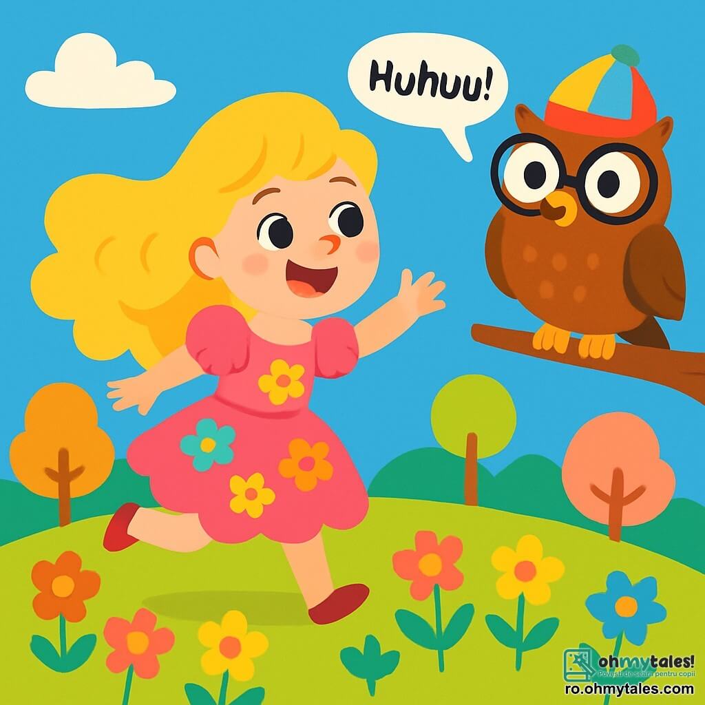 O prințesă veselă, Norilina, cu părul lung blond ca nori de zahăr, poartă o rochie roz aprins, împodobită cu flori multicolore. Ea zâmbește cu ochii strălucitori de curiozitate, sărind într-un câmp de flori delicate. Lângă ea, o bufniță uriașă, cu ochelari mari rotunzi și o pălărie colorată, stă pe o ramură, privindu-o amuzată pe prințesă. Peisajul este o insulă magică, cu dealuri blânde, copaci în formă de bile de bumbac și un cer albastru strălucitor presărat cu nori pufoși. Scena o arată pe Norilina jucând leapșa, râzând cu poftă, în timp ce bufnița o încurajează cu un „Huhuu!”.