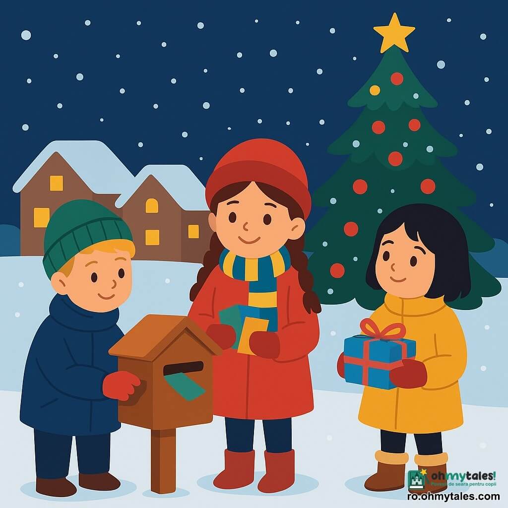 Trei copii: o fată de aproximativ 8 ani, păr șaten împletit, palton roșu aprins, fular galben-bleu, zâmbitoare, ține bilete colorate; un băiat de aproximativ 8 ani, păr blond scurt, căciulă verde, palton bleumarin, mănuși roșii, stă în stânga și introduce un bilet într-o cutie poștală din lemn; o fată de aproximativ 7 ani, păr negru scurt, palton muștar, cizme căptușite maro, în dreapta, privește bradul mare și ține un teanc de felicitări legate cu panglică; loc: o piață de sat înzăpezită la amurg, case de piatră cu ferestre calde, brad decorat cu globuri roșii și o stea aurie; situație: copiii depun felicitări de Crăciun în cutiile poștale din fața bradului luminat, fulgi de zăpadă cad ușor, atmosferă caldă și veselă, culori saturate și forme simple.