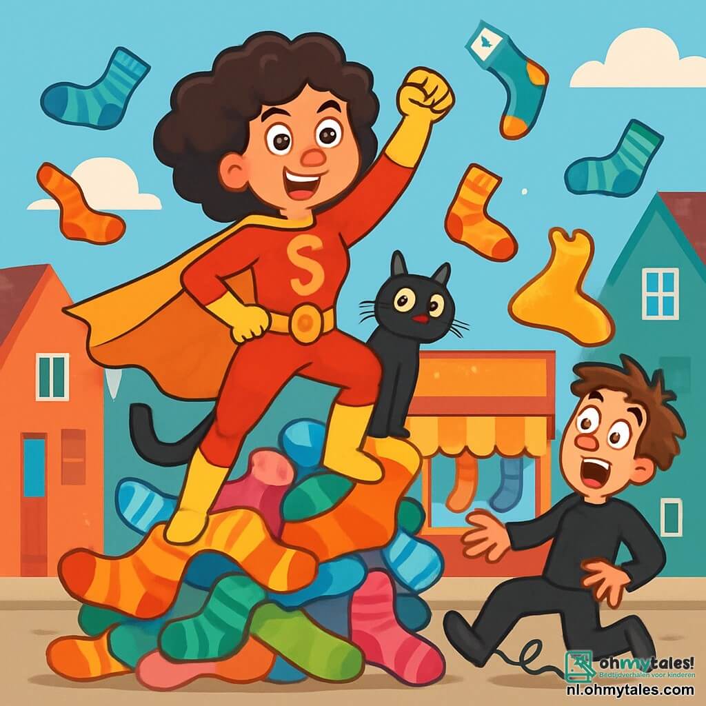 Super Sok, een dynamische vrouw met krullend haar en een felgekleurde superheldenoutfit (rood en geel), staat op een hoop vliegende sokken met een grote, vastberaden glimlach op haar gezicht. Haar ogen schitteren van opwinding terwijl ze een vuist in de lucht steekt, klaar om te handelen. Naast haar kijkt Poekie, een zwarte kat met glanzende groene ogen, nieuwsgierig toe, zittend op een gigantische sok, alsof hij haar trouwe metgezel is. De scène speelt zich af in een levendige straat in Sokkenstad, met kleurrijke huizen en sokkenwinkels met sprankelende etalages. Vliegende sokken creëren een vrolijke en speelse sfeer. Super Sok staat op het punt Klungelkop, een onhandige man met rommelig haar in een zwarte dievenoutfit, te onderscheppen terwijl hij over zijn eigen veters struikelt in een poging een enorme gouden sok te pakken. Klungelkop's uitdrukking is komisch, met grote ogen en een open mond terwijl hij zijn evenwicht verliest.