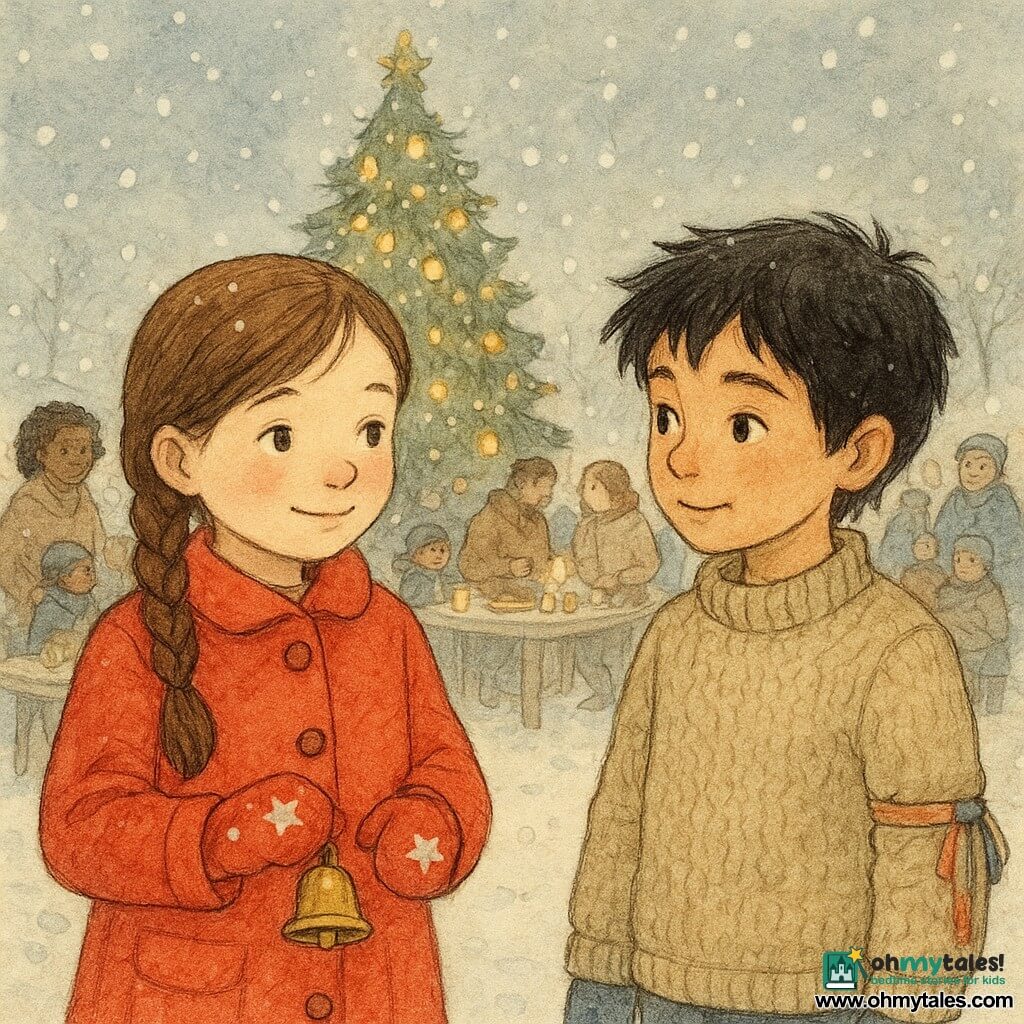 An 8-year-old girl, Lila, with a brown braid and rosy cheeks, wears a bright red coat and starry mittens. She has a gentle smile and holds a small brass bell in her hand. Next to her, a 9-year-old boy, Mateo, with messy black hair, wears a wool sweater and a colorful ribbon tied to his sleeve. He looks at Lila with a curious and friendly gaze. In the background, a large Christmas tree adorned with sparkling garlands stands proudly, surrounded by softly falling snowflakes. The scene takes place on a snowy square, where families gather around tables decorated with candles and warm dishes, creating a warm and festive atmosphere.