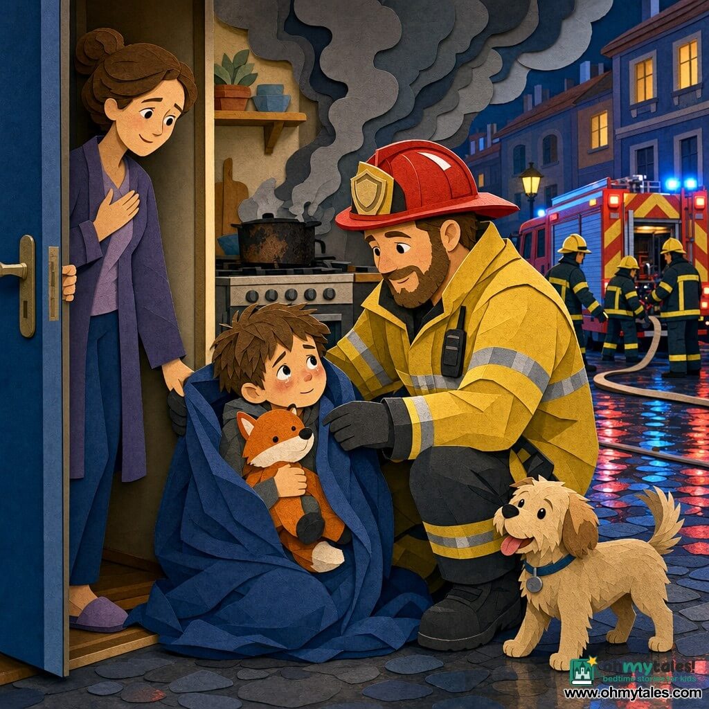 A tall, sturdy firefighter with a round smiling face, warm eyes and stubble kneels forward to wrap a small 6-year-old boy—messy brown hair, tear‑faded cheeks, clutching an orange fox plush—in a blanket; the relieved mother in her thirties, hair in a bun, stands at the partially open apartment door behind them, a small beige dog wags at the firefighter’s boots, and a smoky kitchen with a charred pot is visible in the background while a wet cobbled street reflects the red and blue lights of a fire truck and busy colleagues; the scene is colorful and high‑contrast with crisp shapes, paper‑like textures, simple shadows and black outlines, focusing on the firefighter’s calming presence and the child’s smallness to convey safety and tenderness.