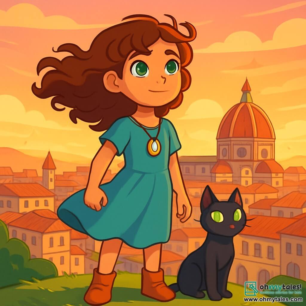 Eliana, a twelve-year-old girl, stands on top of a hill, her curly brown hair blowing in the wind. Her green eyes shine with excitement and determination as she watches the city of Florence awaken at sunrise, a sparkling amulet around her neck. Beside her, Nyx, a black cat with emerald eyes, stands proudly, ears perked, ready to accompany her on her adventures. In the background, Florence unfolds with its stone buildings, red-tiled roofs, and cobbled streets, bathed in golden light. The sky is tinted with shades of pink and orange, promising a day full of possibilities. The scene captures Eliana in a moment of reflection, ready to face the challenges ahead, with a look of courage on her face as the wind dances around her light dress.