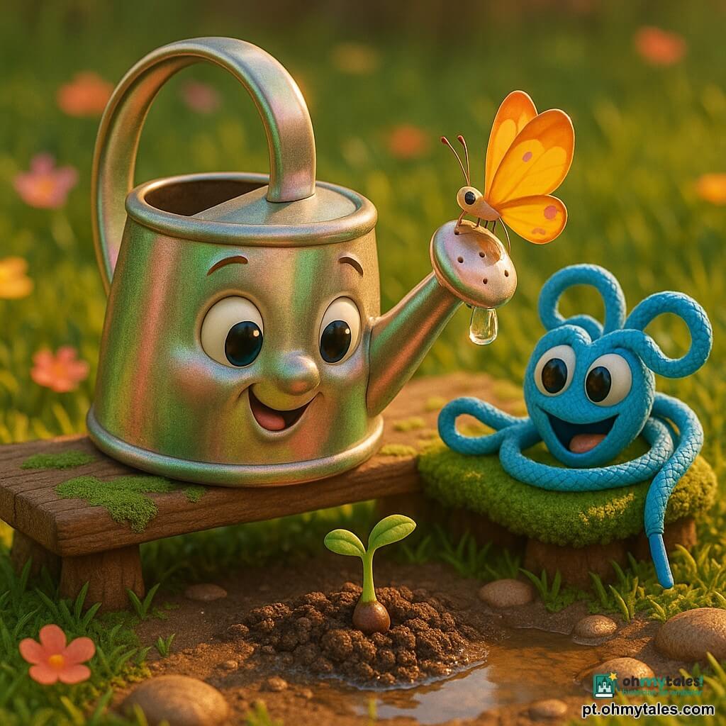 Lila, um regador metálico brilhante com grande alça redonda, alegre, em tons verdes e rosa, derrama delicadamente uma gota de água sobre uma semente; Bino, um cadarço azul com nós como olhos espiãos, sentado num tapete de musgo ao lado, sorri observando a semente; uma pequena borboleta amarela, rosa e laranja pousa no bico; ao fundo um banco baixo de madeira clara com líquen junto a uma poça que reflete o céu; jardim primaveril com relva, flores e pedras sob luz dourada de fim de tarde; cena terna e tranquila, estilo 3D infantil, cores vivas, volumes arredondados e texturas suaves.