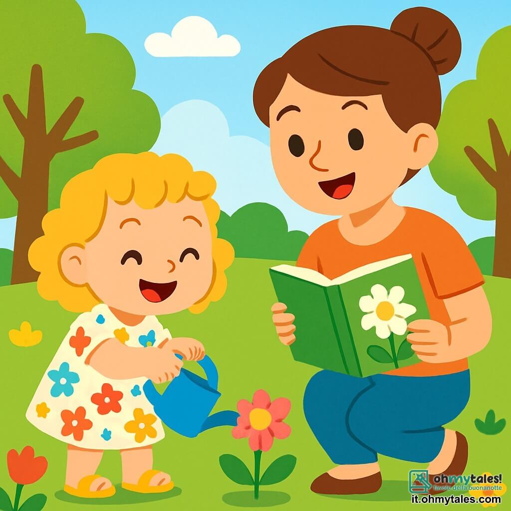 Una bambina di 2 anni, con capelli ricci e dorati e un grande sorriso gioioso, annaffia un bel fiore rosa con un piccolo annaffiatoio blu. Indossa un vestito a fiori colorati e sandali gialli. Accanto a lei, sua madre, una donna di circa trent'anni con capelli castani raccolti in uno chignon, sorride orgogliosa mentre tiene un libro sulla natura. Si trovano in un parco verdeggiante, pieno di alberi maestosi con foglie di un verde brillante, fiori colorati e un cielo blu punteggiato di nuvole bianche e soffici. La bambina sta imparando a prendersi cura delle piante, mentre sua madre la incoraggia con tenerezza, creando un'atmosfera gioiosa ed educativa.