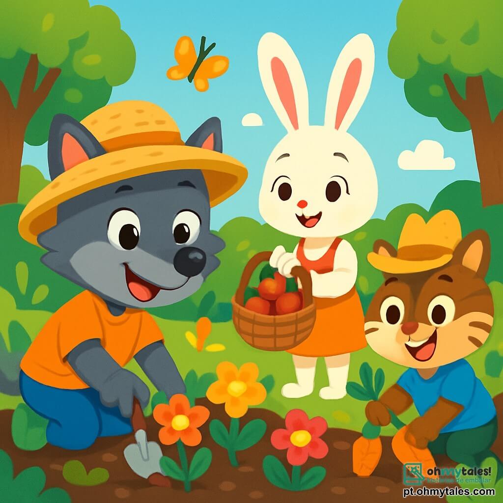 Um pequeno lobo chamado Lucas, com pelagem cinza e olhos brilhantes de alegria, está plantando flores coloridas em um jardim comunitário. Ele sorri, com patas levemente sujas de terra, e usa um chapéu de palha que lhe dá um ar travesso. Ao seu lado, uma coelhinha chamada Matilde, com pelagem branca e orelhas longas, colhe morangos vermelhos e suculentos, com um olhar maravilhado e uma cesta de vime cheia de frutas. Um pouco mais adiante, um texano chamado Tomás, com pelagem marrom e listras brancas, puxa cenouras laranjas do solo, exibindo uma expressão de orgulho. O jardim é exuberante, cheio de flores vibrantes, vegetais verdes e borboletas dançando no ar ensolarado. Ao fundo, árvores majestosas e um céu azul claro embelezam a paisagem. A cena mostra Lucas e seus amigos se divertindo ao trabalhar juntos no jardim, compartilhando risadas e alegria, enquanto criam um espaço lindo e colorido.