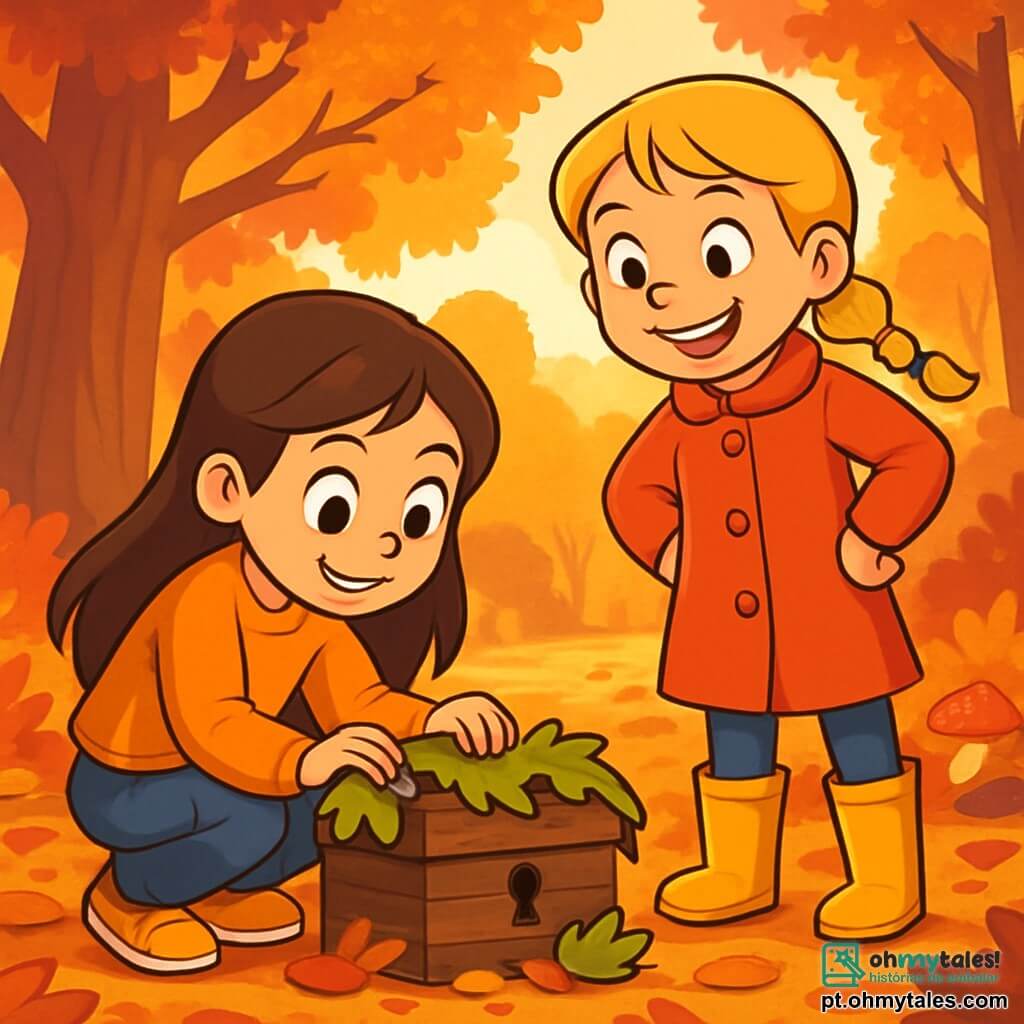 Há 2 personagens principais: - Julia: uma menina de 10 anos, com longos cabelos castanhos e olhos brilhantes. Ela usa um suéter laranja e um jeans, e está agachada, examinando uma pequena caixa de madeira coberta de folhas. - Clara: uma menina de 10 anos, com cabelos loiros trançados e um sorriso radiante. Ela veste um casaco vermelho e botas de borracha, em pé ao lado de Julia, com as mãos na cintura, com uma expressão curiosa. O cenário principal é uma floresta de outono, com árvores majestosas de folhas douradas, vermelhas e marrons. O chão está coberto de folhas crocantes, e um suave raio de sol passa pelas ramas, iluminando a cena com uma luz calorosa. Ao longe, vê-se uma grande clareira com uma imensa árvore de tronco largo, cercada por pequenas pedras e cogumelos coloridos. A situação principal da história mostra Julia e Clara descobrindo uma caixa de madeira misteriosa, cheia de segredos, no meio da floresta. Elas estão maravilhadas com a descoberta, prontas para explorar as histórias que essa caixa pode revelar.