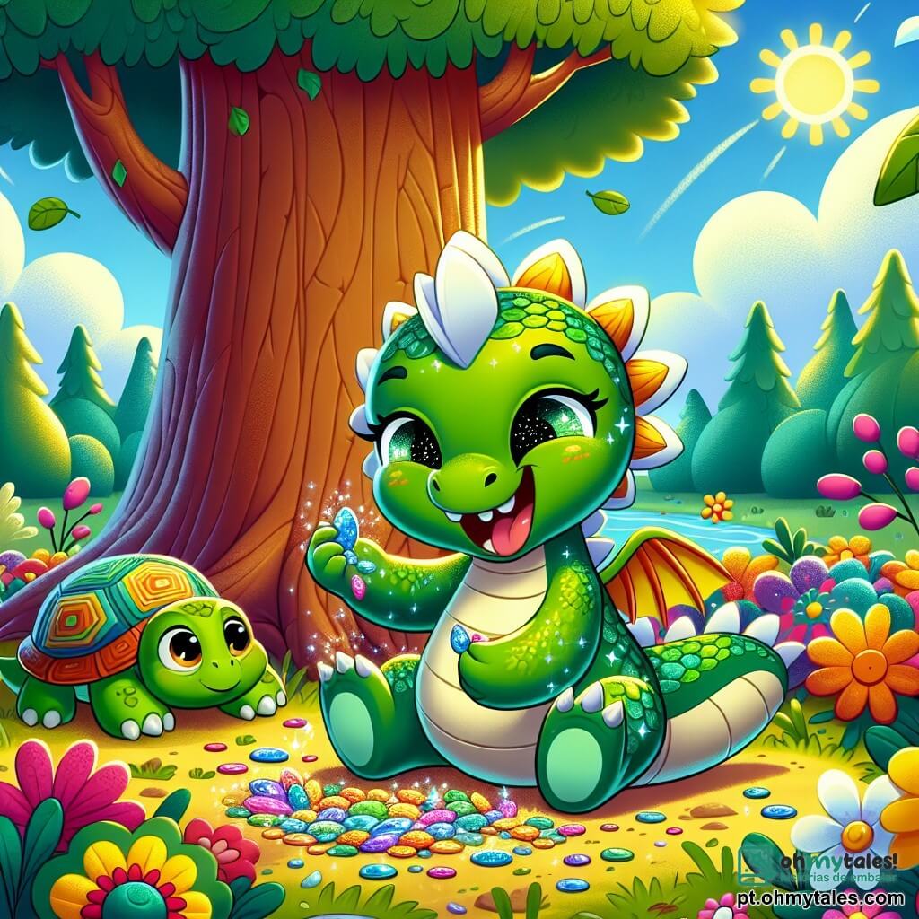 Um pequeno dragão chamado Luna, com escamas verdes cintilantes e olhos brilhantes de alegria, está sentado sob uma grande árvore, sorrindo amplamente enquanto segura pedras brilhantes em suas pequenas patas. Ao lado dela, Tico, uma tartaruga de casca colorida e olhos redondos, observa com admiração as criações de Luna, exibindo um sorriso feliz e curioso. A cena ocorre em uma clareira ensolarada, cercada por flores multicoloridas e grandes árvores com folhas verdes, sob um céu azul claro e algumas nuvens brancas e fofas. Luna e Tico estão criando obras de arte com pedras brilhantes, cercados por folhas e flores, enquanto a luz do sol ilumina sua atividade alegre.