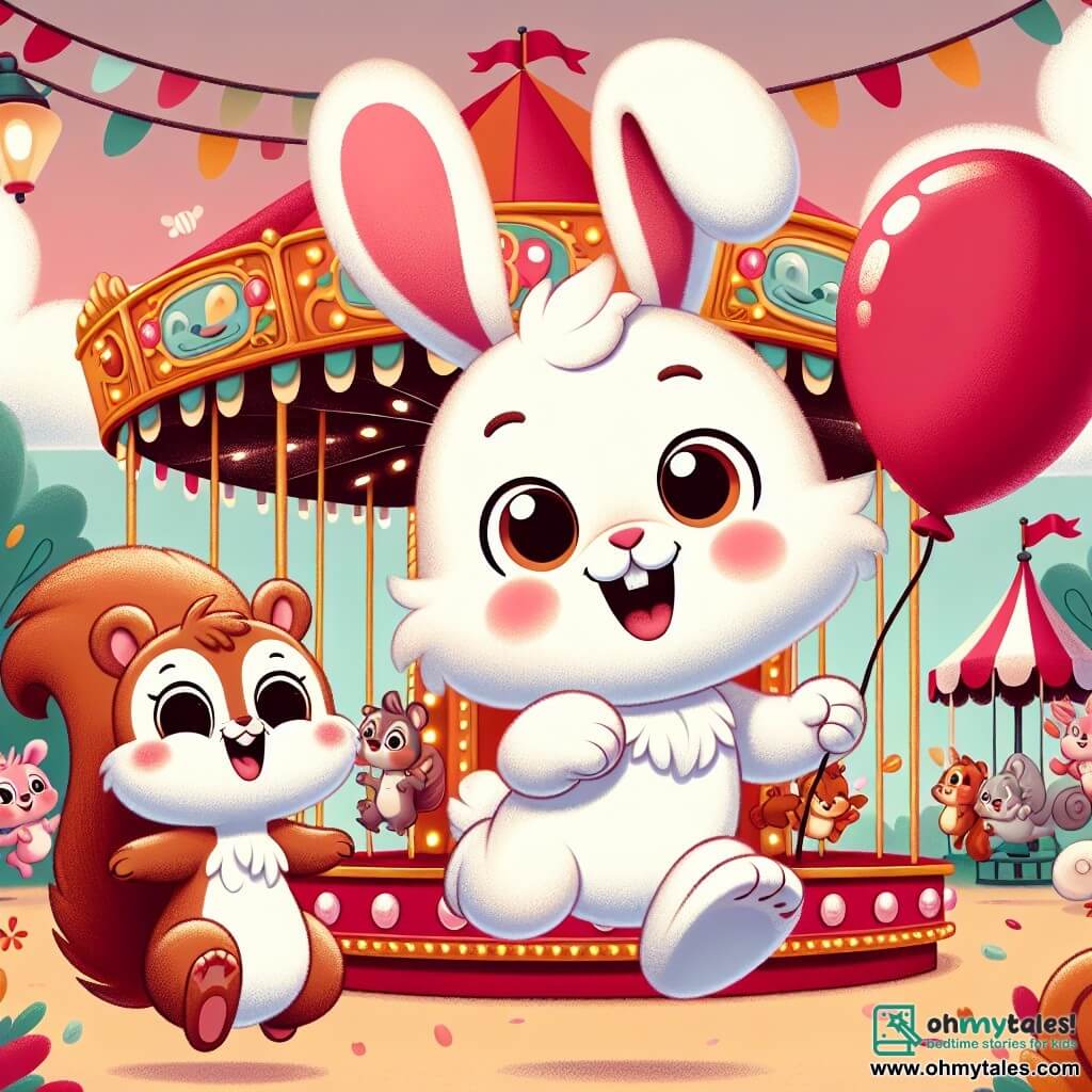 A little rabbit named Benny, with fluffy white fur and large floppy ears, joyfully hops near a big colorful carousel, his eyes shining with happiness. Next to him, his best friend, Lucy the little squirrel, with her shiny brown fur and bushy tail, laughs while holding a bright red balloon, her eyes sparkling with excitement. In the background, the carnival is filled with colorful tents, twinkling lights, and animals of all kinds having fun, creating a festive and joyful atmosphere. Benny and Lucy are surrounded by laughter and colors, ready to embark on a new adventure together at the heart of the carnival.