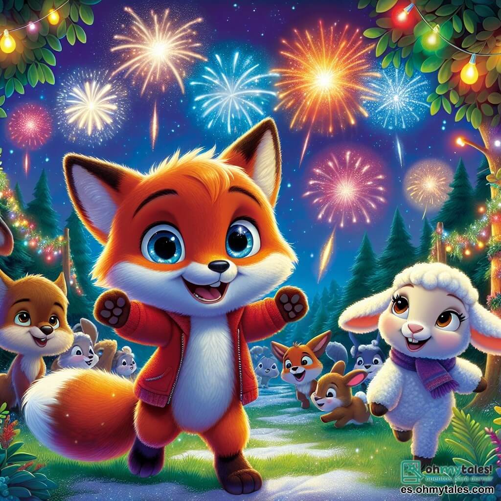 Rufus, un joven zorro de pelaje naranja brillante y ojos llenos de curiosidad, se encuentra en un claro del bosque iluminado por fuegos artificiales coloridos. Sonríe con entusiasmo, con las patas levantadas en señal de celebración, rodeado de magia y alegría. A su izquierda, Olivia, una dulce oveja de pelaje blanco y suave, mira al cielo con asombro, sus grandes ojos redondos brillando de felicidad, mientras sostiene una gran manta colorida para la fiesta. A la derecha, Benji, un enérgico conejo de grandes orejas y pelaje marrón, salta de alegría, con las patas en el aire y una amplia sonrisa en su rostro. El lugar es un claro verde del Bosque Brillante, donde la nieve brilla bajo la luz de las estrellas y guirnaldas luminosas cuelgan de los árboles circundantes. Al fondo, los animales del bosque se reúnen, todos cautivados por el espectáculo. La escena principal muestra a Rufus y sus amigos celebrando el Año Nuevo, rodeados de fuegos artificiales brillantes que iluminan el cielo nocturno, creando una atmósfera de alegría, amistad y magia.