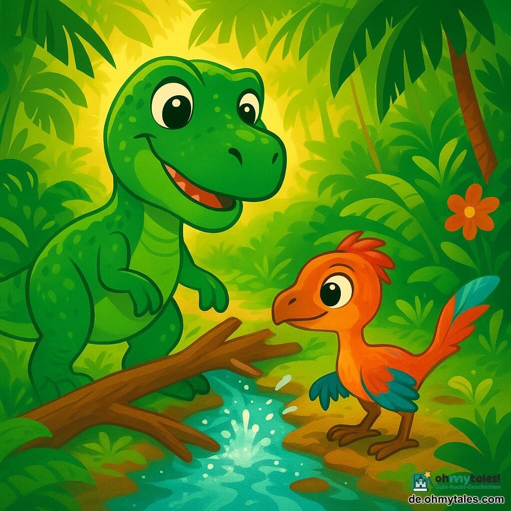 Ein Tyrannosaurus Rex mit robustem Körper und glänzenden grünen Schuppen steht am Ufer eines glitzernden kleinen Baches. Er wirkt fröhlich und entschlossen, mit einem leichten Lächeln auf seinem Gesicht. Neben ihm beobachtet die kleine Dromaeosaurierin Mina mit bunten Federn und runden Augen den Bach voller Staunen, ihre zarten Füße auf dem weichen Boden. Die Szenerie ist ein üppiger Dschungel, gefüllt mit großen Farnen, majestätischen Palmen und leuchtenden Blumen, durch dessen dichten Blätterdach Sonnenlicht strahlt und tanzende Schatten auf den Boden wirft. Die Hauptsituation zeigt Taro und Mina, die zusammenarbeiten, um einen kleinen Bach freizulegen, der unter Blättern und Ästen begraben war, während fröhliche Wasserfontänen um sie herum spritzen.