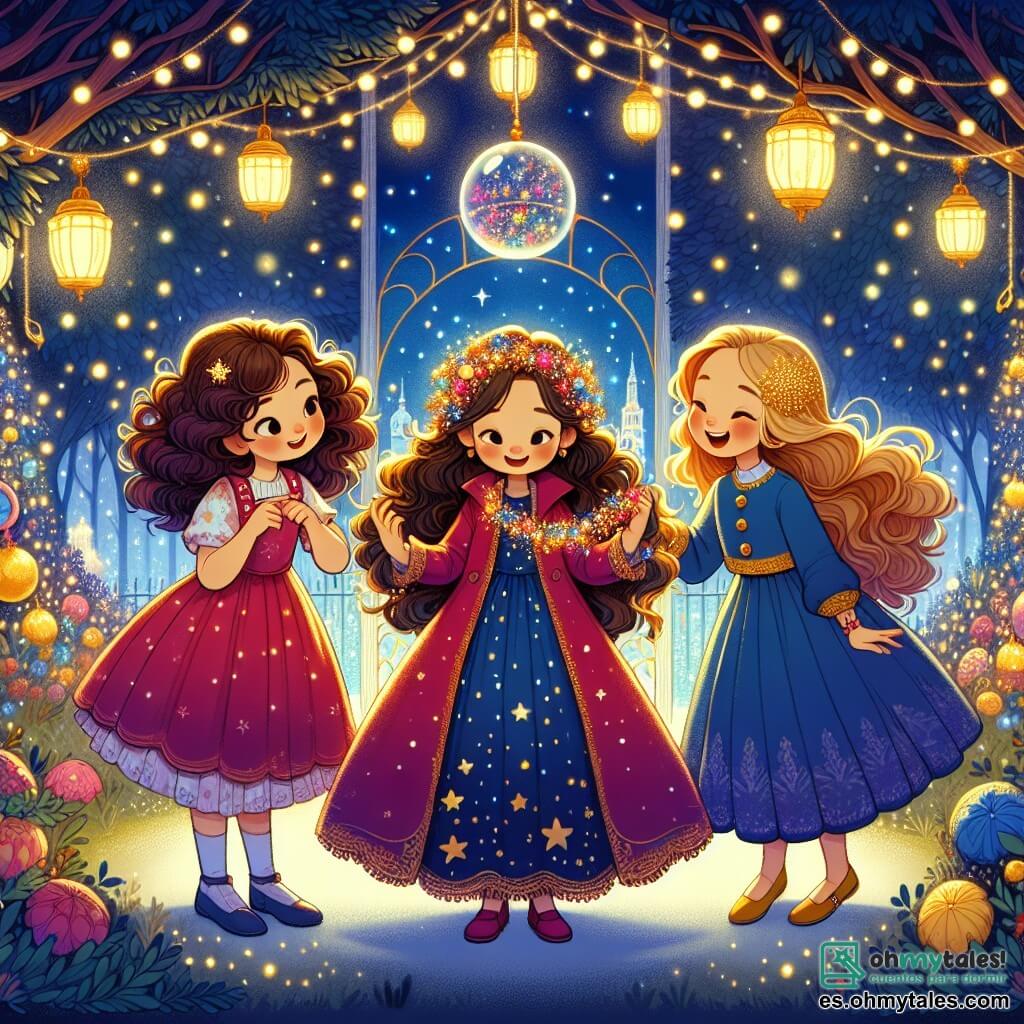 Tres niñas de seis años están en el centro del escenario, rodeadas de luces brillantes. Lola, con su cabello rizado y un vestido rojo con lunares blancos, sonríe alegremente mientras sostiene una guirnalda colorida. A su derecha, Sofía, con cabello largo y liso, lleva un abrigo azul y observa con asombro una burbuja mágica que flota frente a ella. A la izquierda, Marta, con un adorno de estrellas doradas en el cabello, baila riendo, vestida con un vestido violeta. El escenario es un parque encantado, lleno de árboles con hojas brillantes y flores luminosas. La noche está iluminada por farolitos colgados, creando una atmósfera mágica. Al fondo, se ve una pequeña puerta dorada entreabierta, dejando entrever chispas de magia. La situación principal muestra a las tres amigas preparando una fiesta de Año Nuevo con la ayuda de un pequeño duende llamado Dimi, quien las guía en la creación de decoraciones mágicas y dulces chispeantes, mientras fuegos artificiales estallan en el cielo estrellado.
