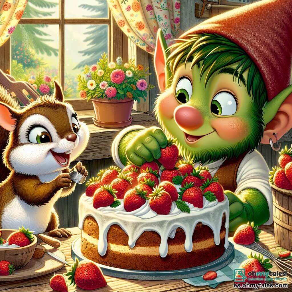 Tilo, un pequeño duende de grandes orejas puntiagudas y piel verde, está decorando un hermoso pastel de fresas en una mesa de madera rústica. Son rostro muestra una gran sonrisa y sus ojos brillan de emoción y alegría. A su lado, Chispa, una pequeña ardilla de pelaje marrón y cola esponjosa, lo ayuda con entusiasmo. Tiene un aire travieso y se divierte colocando fresas en el pastel, salpicado de crema, mientras ríe. La escena transcurre en una cocina acogedora, iluminada por una luz dorada que entra por una ventana con cortinas coloridas. Hay flores frescas del jardín sobre la mesa y utensilios de cocina esparcidos a su alrededor, añadiendo un toque de caos alegre. La situación principal muestra a Tilo y Chispa preparando una sorpresa para el Día de la Madre, rodeados de un ambiente festivo y de camaradería, listos para ofrecer un delicioso pastel a su mamá, la dulce Madame Florinda.