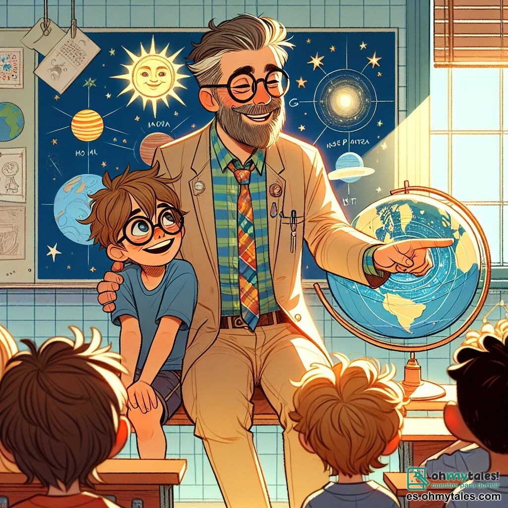 Un maestro de unos cuarenta años, con gafas redondas y barba bien cuidada, se encuentra en el centro de la escena, sonriendo amablemente. Lleva una camisa de cuadros colorida y pantalones beiges, y está mostrando un mapa del sistema solar a sus alumnos, con los ojos brillantes de entusiasmo. A su derecha, un niño llamado Lucas, de 10 años, con cabello castaño desordenado y gafas, levanta la mano con emoción, su rostro iluminado por la curiosidad. Lleva una camiseta azul y un short, inclinado hacia adelante, cautivado por las explicaciones de su profesor. El escenario se desarrolla en un aula luminosa, con paredes decoradas con dibujos de estrellas y planetas. Ventanas dejan entrar la luz del sol, iluminando los escritorios de madera donde otros niños están sentados, escuchando atentamente. La situación principal muestra el momento en que el maestro explica las maravillas del universo, cautivando la atención de sus alumnos, mientras Lucas, lleno de entusiasmo, sueña con convertirse en astrónomo algún día.