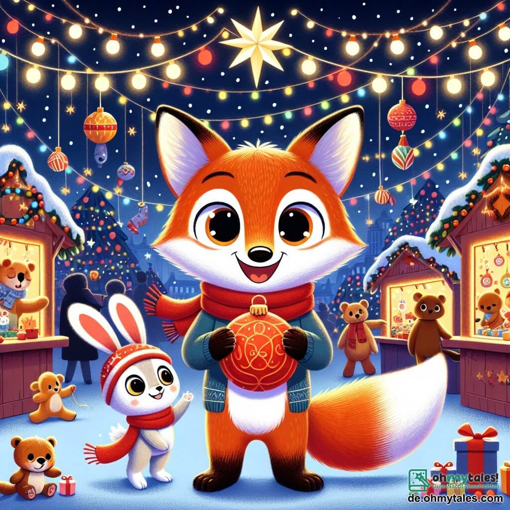 Ein kleiner Fuchs namens Felix mit leuchtend orangefarbenem Fell und großen, strahlenden Augen steht im Mittelpunkt der Szene und zeigt Freude und Aufregung, während er eine große rote Weihnachtskugel in seinen Pfoten hält. Neben ihm springt sein bester Freund, ein kleiner Hase namens Hoppel mit langen Ohren und weißem Fell, vor Freude mit einem breiten Lächeln. Ein Plüschbär, der Verkäufer des Marktes, steht hinter ihnen mit einem Weihnachtsmannhut und einem warmen Lächeln und beobachtet die beiden Freunde wohlwollend. Die Szenerie ist ein zauberhafter Weihnachtsmarkt, erleuchtet von funkelnden Lichtern und gefüllt mit bunten Ständen, wo sich Tiere aller Art versammeln, um zu feiern. Sanfte Schneeflocken fallen vom Himmel und verleihen der festlichen Atmosphäre einen magischen Touch. Felix und Hoppel teilen ihre Freude über die wunderschöne Weihnachtskugel und suchen gleichzeitig nach Felix' Eltern in der lebhaften Menge.
