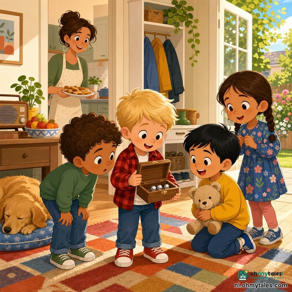 Er zijn vijf personen: Bram (4) met kort blond haar en rood geruit jasje staat middenvoor bij de binnendeur, houdend een open houten doosje; Sami (4) met krullend bruin haar en groen sweater links van Bram, gebogen met oor naar het doosje; Noud (4) met steil zwart haar en geel truitje rechts van Bram, houdt een beige knuffelbeer en lacht; Lila (~4) met kastanjebruin gevlochten haar en blauw bloemenjurkje staat achter de jongens bij de tuindeur, nieuwsgierig en klaar om te helpen; mama in het keukendeel achteraan met een licht schort en vastgebonden haar glimlacht en houdt een bord met boterhammen. Interieur: warme huiselijke ruimte in korte perspectief met licht eiken parket, kleurrijk tapijt, open witte kast bij de deur, salontafel met radio en fruit, zonnige tuindeur op de achtergrond; links slaapt een gouden hond op een blauw kussen. Situatie: de kinderen ontdekken een tikkend houten doosje waarbinnen drie zilveren knikkers zacht rollen en tikken; verwondering en saamhorigheid in zachte gebaren en geconcentreerde, geruststellende blikken; felle contrasterende kleuren, eenvoudige lijnen en ronde vormen, warme ochtendlicht van de tuindeur, zachte schaduwen, compositie gecentreerd op het doosje.