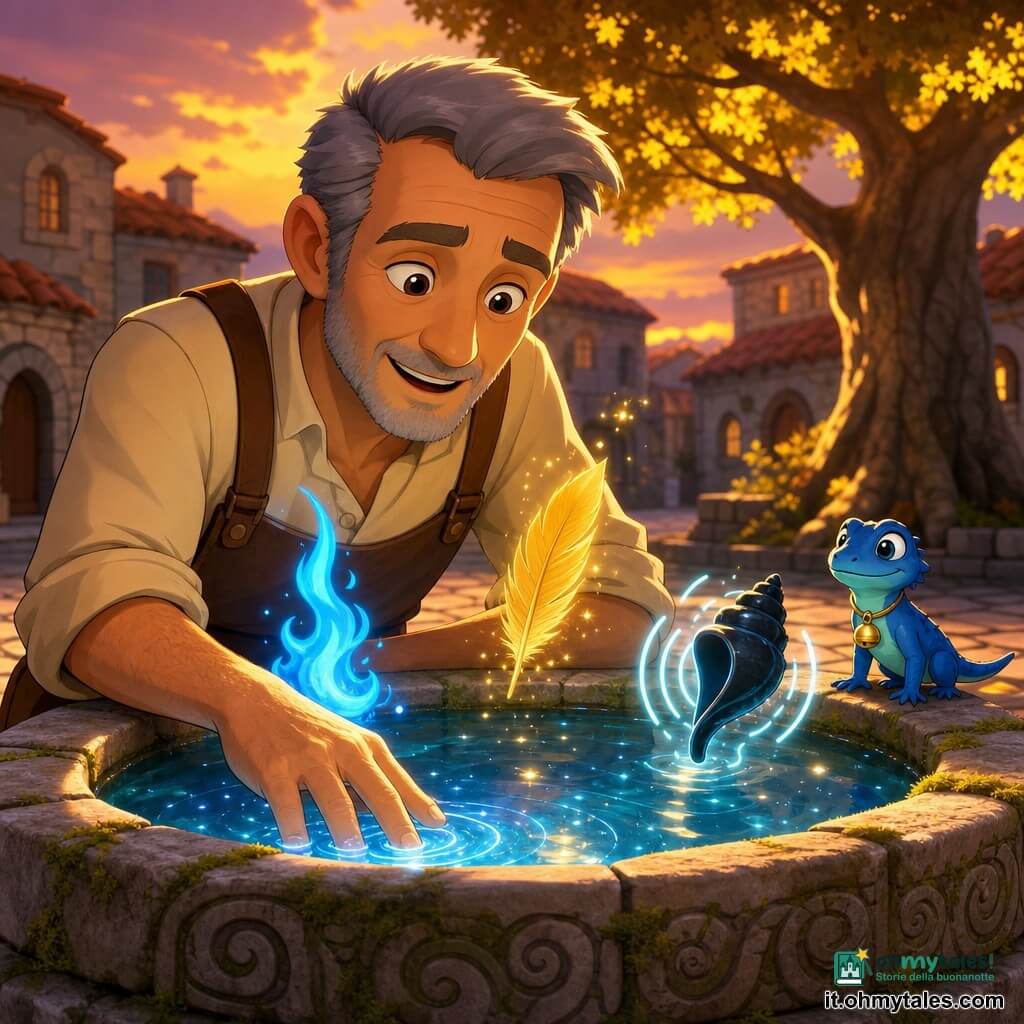 Un uomo adulto di nome Aurelio, volto rugoso e dolce, capelli grigi corti e mani callose da carpentiere, posa la palma sulla luce della fontana guardando immagini proiettate; a destra sul bordo sta un piccolo lucertola blu chiamata Trillo con collare e campanellino dorato, testa inclinata come se sorridesse; la fontana circolare di pietra, decorata di muschio e incisioni antiche, ha un'acqua che brilla come stelle e proietta tre ologrammi — una fiamma azzurra danzante, una piuma dorata che scende lentamente e una conchiglia nera che emette onde luminose —; la piazza lastricata è circondata da case in pietra con tetti di tegole rosse e grandi alberi dalle foglie luminose; luce crepuscolare morbida, colori caldi contrastano con i riflessi freddi dell'acqua; composizione centrata sulla mano di Aurelio e primi piani sulle espressioni e gli ologrammi, stile fiaba mitica, atmosfera misteriosa ma benevola.