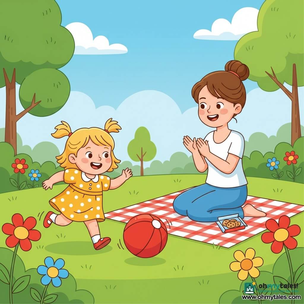 A happy smiling 2-year-old girl with short blonde pigtails and rosy round cheeks runs in a yellow polka-dot dress chasing a red ball while her mother, about 30, with brown hair in a bun and a gentle face, sits on the green grass nearby applauding; an open cookie packet on a red-and-white check blanket beside her, in a sunny summer park with bright green lawn, colorful flowers, rounded trees and a blue sky with fluffy clouds—joyful scene of the girl kicking the ball, bright colors and simple rounded shapes suited for toddlers.