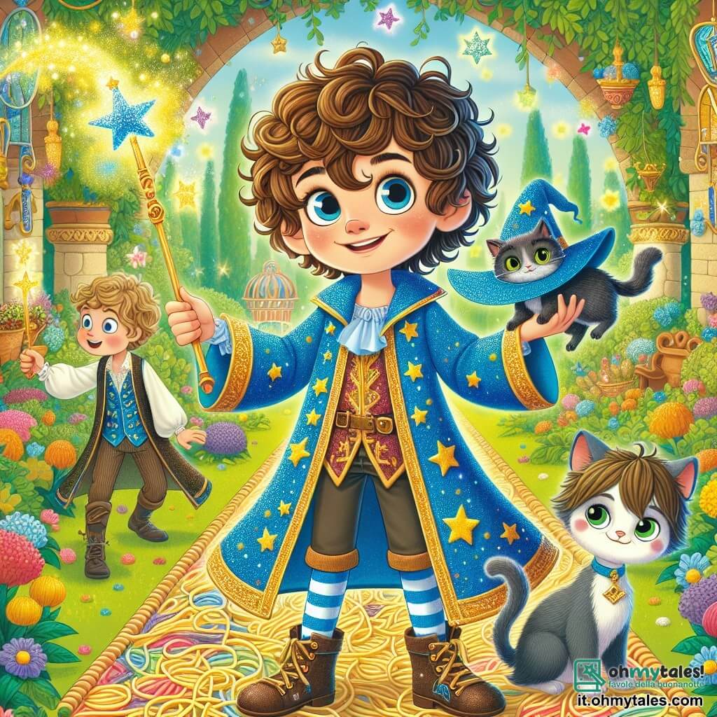 Gino, un apprendista stregone di nove anni con capelli ricci e occhi pieni di curiosità, è al centro dell'immagine, con un sorriso malizioso e una bacchetta magica che emette scintille colorate. Indossa una tunica da stregone blu brillante decorata con stelle dorate e calze a righe. Accanto a lui, Felicità, il suo gatto blu, è appollaiata sulla sua spalla, con uno sguardo furbo e un leggero sorriso, pronta ad aiutarlo nelle sue avventure magiche. Un po' più in là, Marco, un ragazzo di dieci anni con capelli castani disordinati e un'aria sicura, osserva Gino con un sorriso provocatorio, tenendo la sua bacchetta magica, pronto a lanciare un incantesimo. La scena si svolge nel giardino della Scuola di Stregoneria Sgambettante, un luogo incantevole pieno di alberi con foglie scintillanti, fiori danzanti e creature magiche che volano intorno. Mosaici di spaghetti colorati decorano i muri, aggiungendo un tocco giocoso all'ambiente. Gino e i suoi amici si preparano a lanciare un'incantesimo combinato, circondati da un gruppo di studenti curiosi e divertiti, mentre una frittella gigante inizia a sollevarsi in aria, creando un'atmosfera gioiosa e magica.