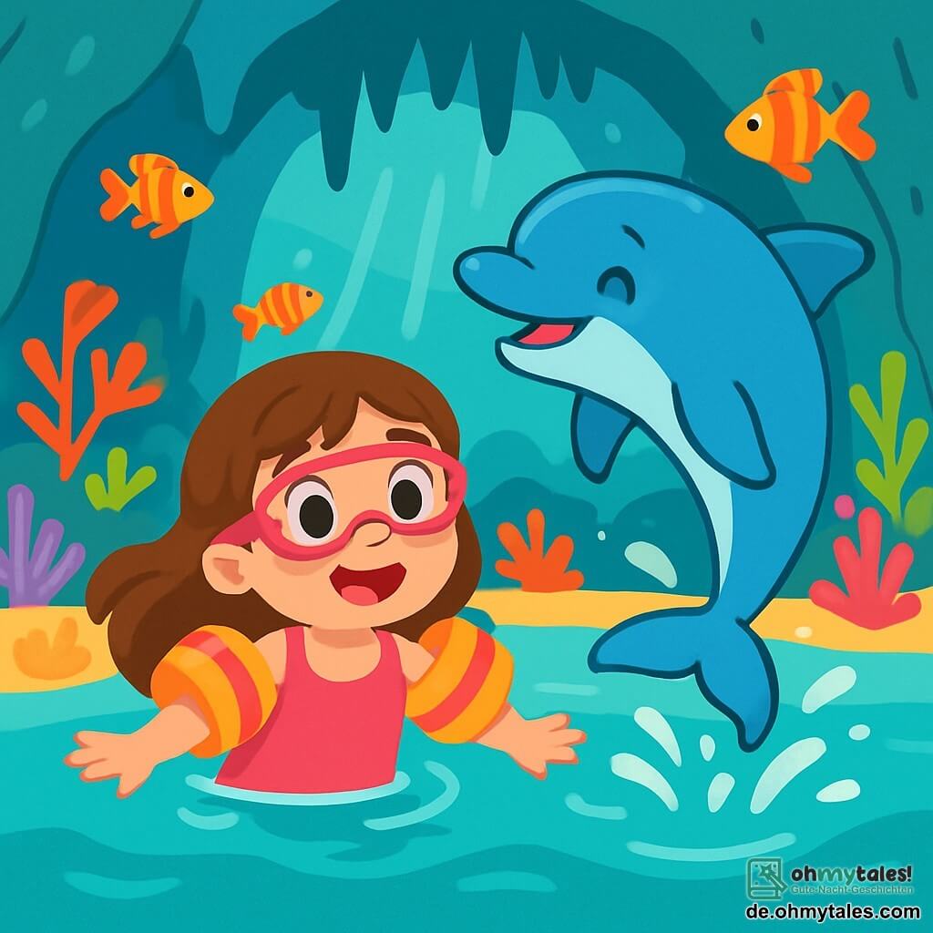 Ein 4-jähriges Mädchen mit langen braunen Haaren und neugierigen Augen schwimmt fröhlich in türkisfarbenem Wasser. Sie trägt rosa Schwimmbrillen und bunte Schwimmflügel und zeigt ein großes, staunendes Lächeln. Neben ihr springt ein freundlicher Delfin mit glänzenden Schuppen und eleganter Flosse anmutig aus dem Wasser, mit einem fröhlichen Ausdruck im Gesicht. Im Hintergrund entfaltet sich eine wunderschöne Unterwasserhöhle, geschmückt mit funkelnden Stalaktiten und bunten Korallen, während leuchtend farbige tropische Fische um sie herum schwimmen. Sonnenlicht dringt durch das Wasser und erzeugt tanzende Reflexionen auf dem goldenen Sandboden. Die Hauptsituation zeigt das Mädchen und den Delfin, die zusammen die Höhle erkunden, voller Freude und Aufregung, während sie versteckte Schätze und Wunder der Unterwasserwelt entdecken.