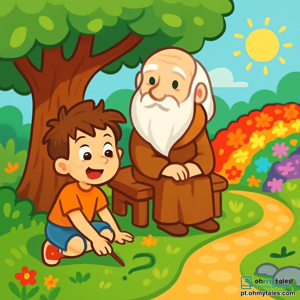 Um garoto de 6 anos chamado Leo, com cabelos castanhos bagunçados e olhos brilhantes de curiosidade, está sentado sob uma grande árvore de folhas brilhantes. Ele tem um sorriso encantado e segura um graveto na mão, desenhando formas na grama verde. Ao seu lado, há um velho sábio, um homem idoso com uma longa barba prateada e olhos suaves como a lua, sentado em um banco de madeira, observando Leo com benevolência. O jardim ao redor deles está cheio de flores vibrantes que mudam de cor, criando um arco-íris vivo sob o sol. A cena acontece em um lugar mágico, onde caminhos de pedras, gramíneas e areia dourada se entrelaçam, convidando à aventura. Leo olha para os três caminhos com uma mistura de excitação e deslumbramento, pronto para escolher sua próxima pergunta a explorar.