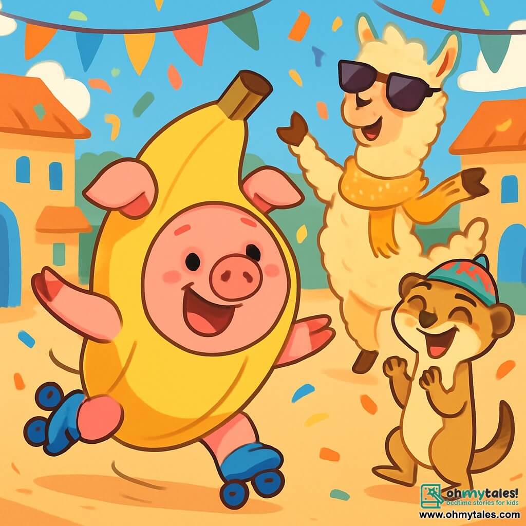 A round, cheerful pink pig wearing a bright banana costume glides on roller skates with a big smile on its face, eyes sparkling with excitement. Next to it, a small mischievous meerkat with a colorful hat claps and laughs, while a llama in sunglasses and a glittery scarf makes funny moves in the background. The setting is a lively village square, adorned with colorful banners and floating confetti, with animals of all kinds gathered, laughing and having fun. The scene shows the pig joyfully stumbling and bursting into laughter, while friends join in a festive and playful atmosphere.