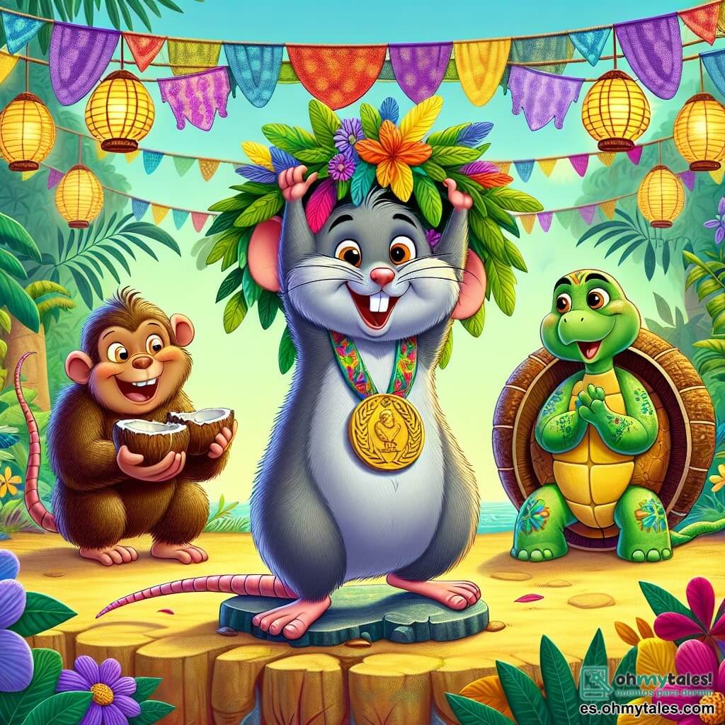 Un pequeño ratón llamado Rufus, con pelaje gris y ojos chispeantes de travesura, se encuentra en el centro de la escena, con una amplia sonrisa en su rostro, sosteniendo unaurel decorado con plumas de colores sobre su cabeza. A su derecha, un mono travieso llamado Macario, con pelaje marrón y una expresión divertida, hace malabares con cocos mientras ríe, listo para dar una pirueta. Al fondo, una tortuga llamada Tomasa, con un caparazón verde adornado con motivos florales, aplaude alegremente, sentada sobre una roca. El escenario es un claro vibrante de la selva, rodeado de árboles majestuosos con hojas exuberantes, donde flores de colores vivos añaden magia a la atmósfera. Linternas hechas de hojas y flores iluminan la escena, creando un ambiente festivo. La situación principal muestra a Rufus, el ratón, celebrando su victoria en la Gran Carrera de la Selva, rodeado de sus amigos animales, todos riendo y divirtiéndose juntos en un ambiente alegre y colorido.