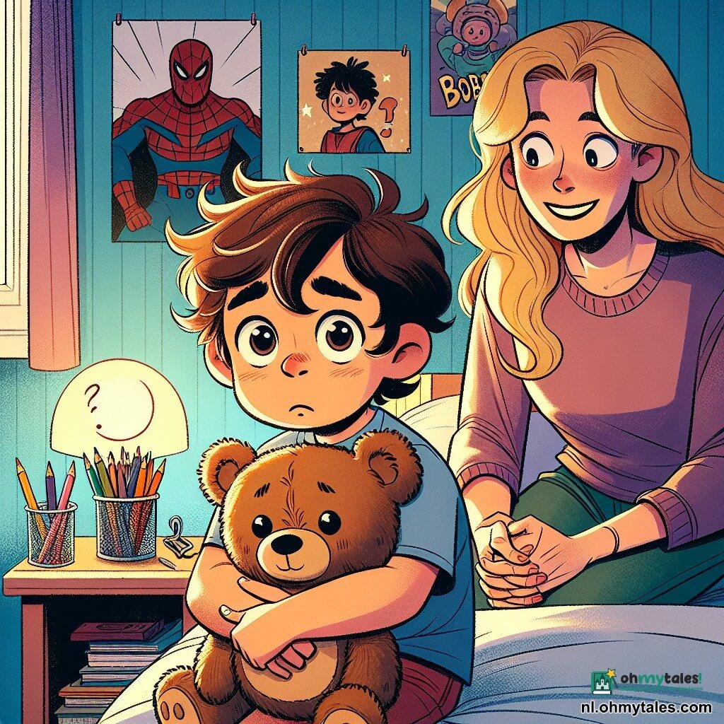 Een 10-jarig jongetje met rommelig bruin haar en grote ogen zit op zijn bed, stevig zijn knuffelbeer Bobbie vasthoudend. Zijn gezicht toont een uitdrukking van nieuwsgierigheid gemengd met een lichte angst, met gefronste wenkbrauwen en een licht open mond. Naast hem zit zijn moeder, een vrouw van in de dertig met lang blond haar, die zachtjes glimlacht terwijl ze op de rand van het bed zit en hem troost biedt. De scène speelt zich af in een warme kinderkamer met lichtblauwe muren, superheldenposters aan de muur en een klein houten bureau vol kleurpotloden. Zacht licht komt van een kleine lamp in de vorm van een maan, die zachte schaduwen op de vloer werpt. Het jongetje, een beetje nerveus, bereidt zich voor om het licht in zijn kamer uit te doen, terwijl zijn moeder hem teder aanmoedigt, wat een geruststellende maar licht gespannen sfeer creëert.