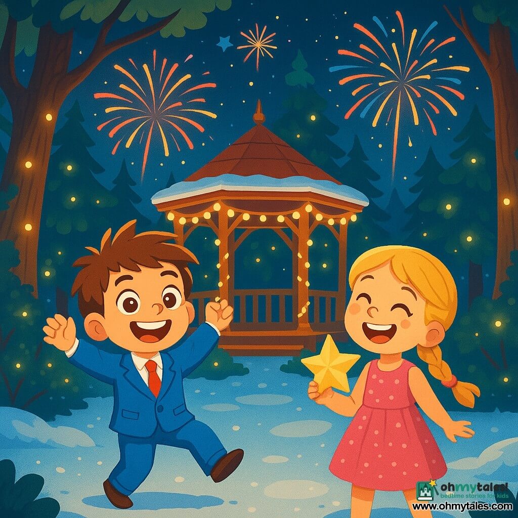 An 8-year-old boy named Timmy, with messy brown hair and sparkling eyes, wears a bright blue suit and a red tie. He dances with a big smile, arms raised to the sky, surrounded by twinkling lights. Beside him is his best friend Lily, a 7-year-old girl with braided blonde hair and a pink dress adorned with sequins, joyfully holding a paper star. They are in an enchanted forest, where majestic trees are lit by glowing fireflies, and a gazebo decorated with fairy lights stands in the center. Snow covers the ground, adding a magical touch to the atmosphere. The main scene shows Timmy and Lily celebrating New Year's, dancing and having fun under a starry sky, while fireworks burst in the background, illuminating their amazed faces.