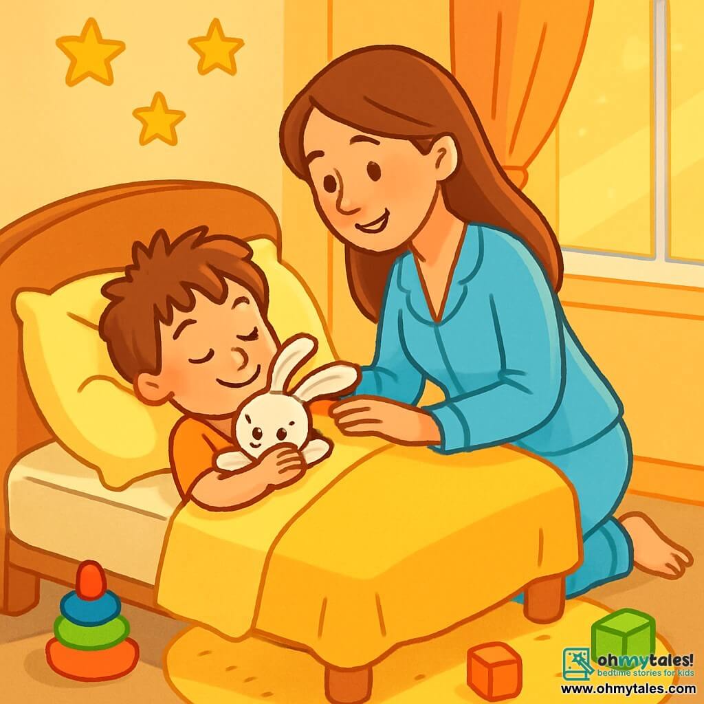 A 4-year-old boy with messy brown hair and sparkling curious eyes is lying on a large fluffy bed. His face radiates serenity and happiness as he gently strokes his soft white stuffed rabbit, nestled against his pillow. His mother, a woman in her 30s with long brown hair, stands nearby, smiling and soothing, whispering sweet words to him. She wears light blue pajamas and looks gentle and caring, watching over her little boy with love. The scene takes place in a warm bedroom with pastel-painted walls, golden stars hanging, and soft light filtering through the curtains. A fluffy rug lies on the floor, and colorful toys are scattered around, creating a welcoming and reassuring atmosphere. The little boy is preparing to fall asleep, eyes half-closed, a peaceful smile on his face, breathing slowly, surrounded by warmth and safety, ready to drift into a sweet slumber.