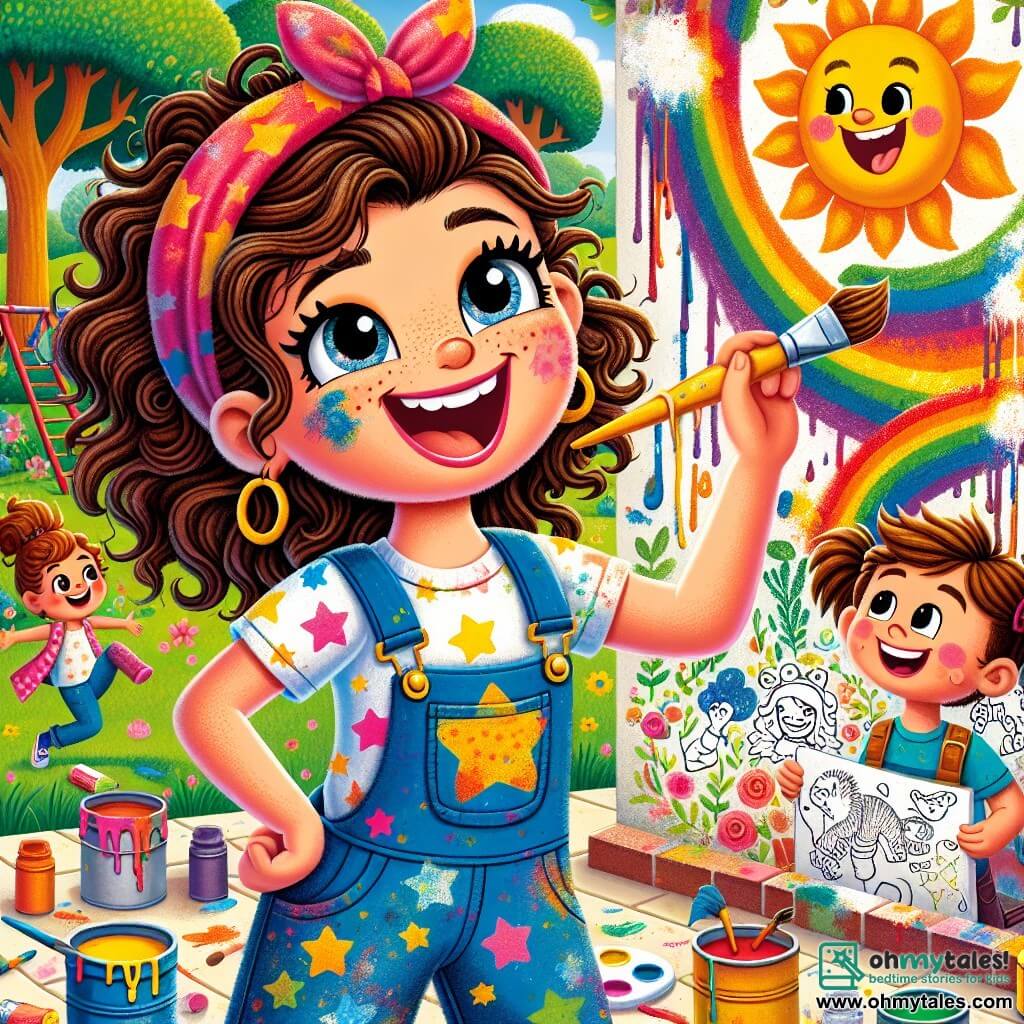 A joyful artist woman, Mia, with curly brown hair and paint-splattered overalls, smiles enthusiastically as she paints a large wall. Her eyes shine with excitement and her face is lit up by a broad smile. Next to her is a 7-year-old girl named Zoe, with pigtails and a starry t-shirt, holding a brush and gazing in wonder at the colorful wall. A 6-year-old boy, Max, stands a little further away, focused on his drawing of a dinosaur eating ice cream, with paint splatters on his cheeks. The scene takes place in a sunny playground in Willowville, filled with green trees, colorful swings, and children's laughter. The once-white wall is now a vibrant mural featuring rainbow-leaved trees, children playing, and a flying cat wearing a red cape. The main situation shows Mia and the children painting together, filling the wall with bright colors and joyful creations, sharing laughter and creativity under a bright blue sky.