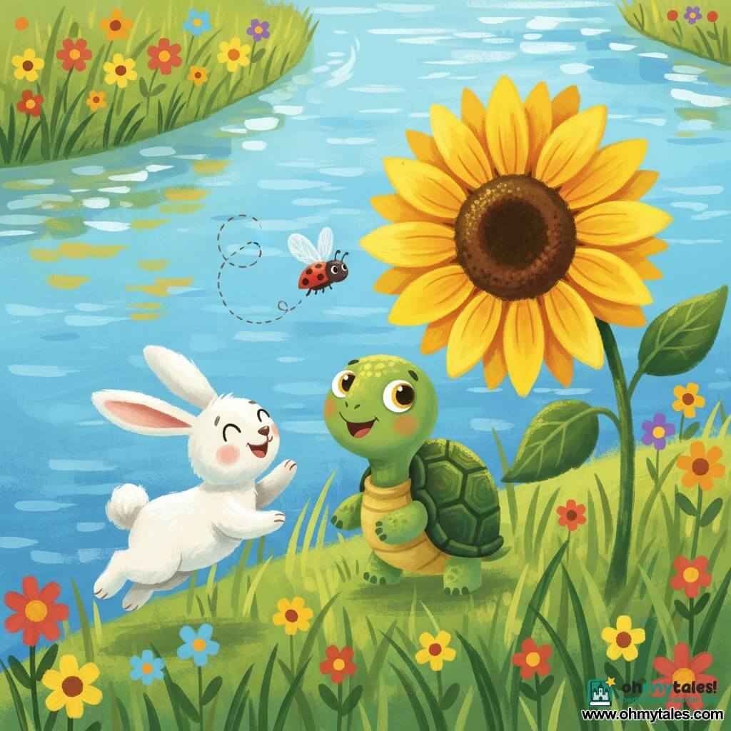 A small green turtle with a shiny, rounded shell gazes in wonder at a giant bright yellow sunflower while a fluffy white rabbit hops joyfully to its left and a tiny red ladybug with black spots loops above; they are on a grassy riverbank by a sparkling river under a light blue sky with colorful flowers, dancing around the sunflower in a bright, tender, wonder-filled scene.