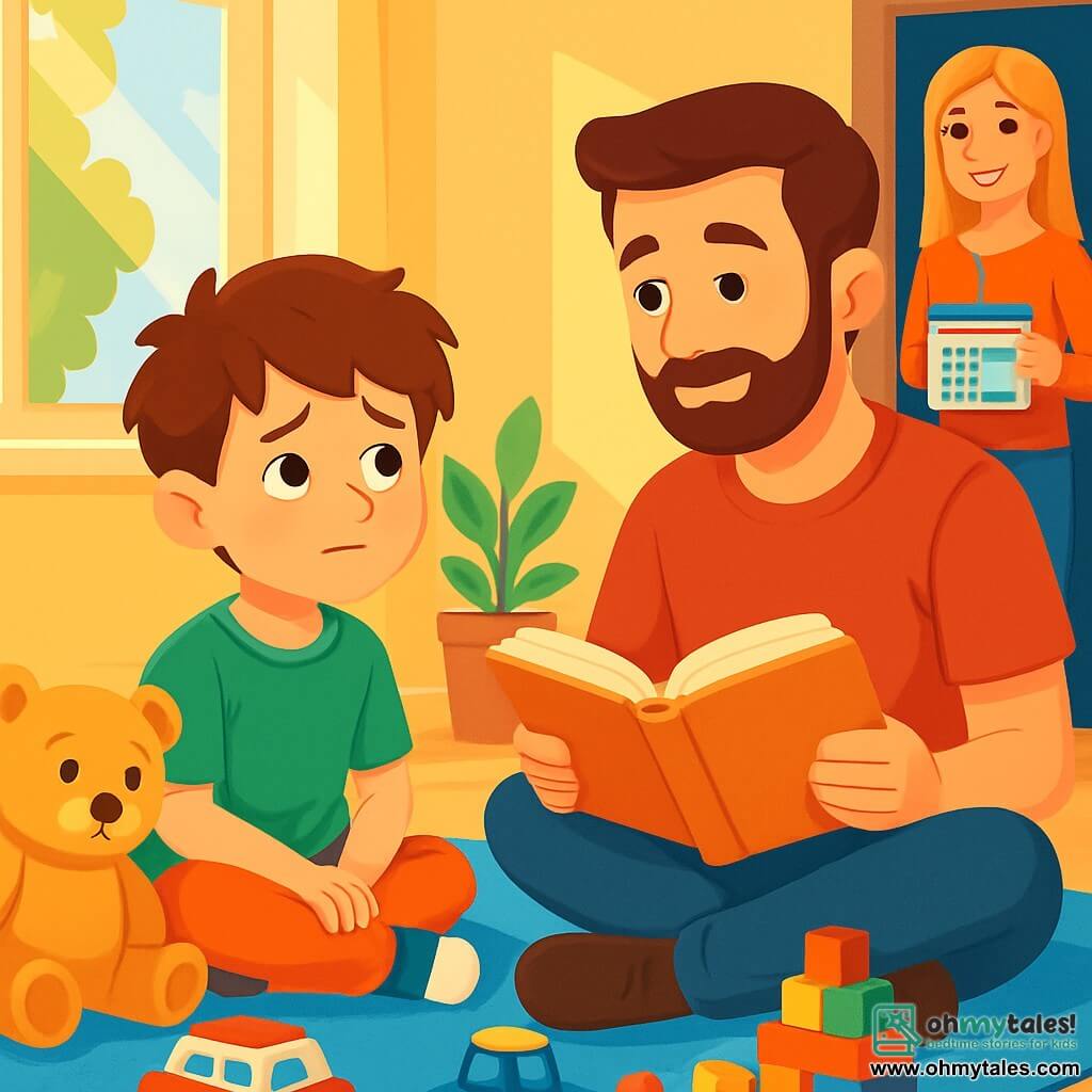 An 8-year-old boy, Tommy, with messy brown hair and curious bright eyes, is sitting on a blue carpet, surrounded by his toys. He has a slight smile, but his eyes reveal a hint of sadness. Next to him, his father, a man in his thirties with a well-groomed beard and a red t-shirt, sits cross-legged holding an open book, ready to read a story. His mother, a woman in her thirties with long blonde hair, stands near the door, smiling and holding a colorful calendar. The scene takes place in the bright living room of his mother's apartment, with pastel yellow walls and sunlight filtering through the window, illuminating the scattered toys on the floor. Tommy looks at his father with a mix of excitement and melancholy, ready to spend time with him while reminiscing about past family moments.