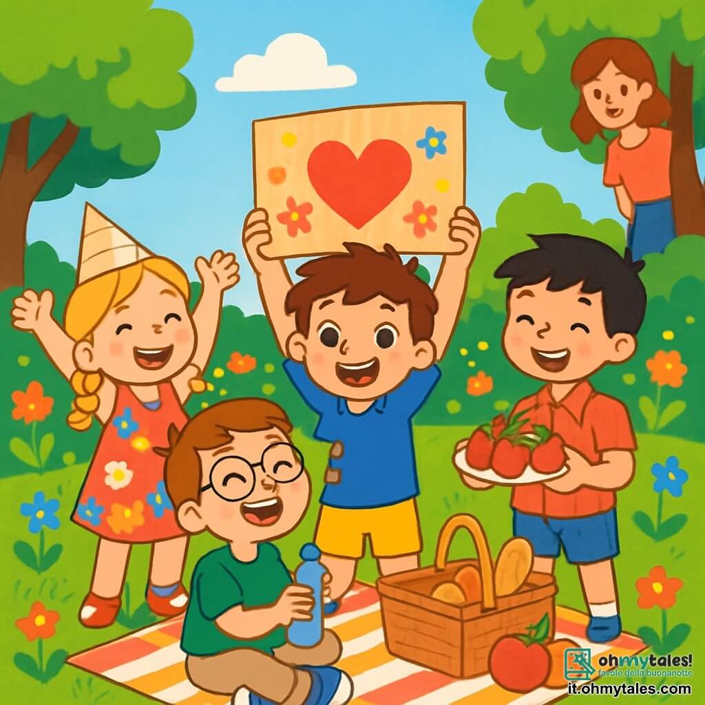 Ci sono 4 bambini: - Luca: un ragazzo di 5 anni con capelli castani disordinati e occhi brillanti. Indossa una maglietta blu e pantaloni corti gialli. Si trova al centro, tenendo una grande cornice di cartone decorata. - Giulia: una ragazza di 5 anni con capelli biondi intrecciati e un sorriso splendido. Indossa un vestito a fiori colorati e un piccolo cappello di carta. È a sinistra di Luca, alzando le braccia in aria con entusiasmo. - Matteo: un ragazzo di 5 anni con capelli neri e lentiggini sul naso. Indossa una camicia a quadri rossi e pantaloni corti di jeans. È a destra di Luca, tenendo un piatto di frutta con fragole e mele. - Samuele: un ragazzo di 5 anni con capelli castani e occhiali rotondi. Indossa una maglietta verde e pantaloni beige. È seduto sulla coperta, ridendo e tenendo una bottiglia d'acqua. La scena si svolge in un giardino soleggiato, pieno di fiori colorati e alberi verdi. Una grande coperta a righe è stesa sull'erba morbida, con un cestino da picnic stracolmo di prelibatezze. Il cielo è blu con alcune nuvole bianche e soffici. I bambini stanno preparando un picnic a sorpresa per la festa della mamma, ridendo e divertendosi, mentre la mamma di Luca, in lontananza, li osserva con un sorriso affettuoso.