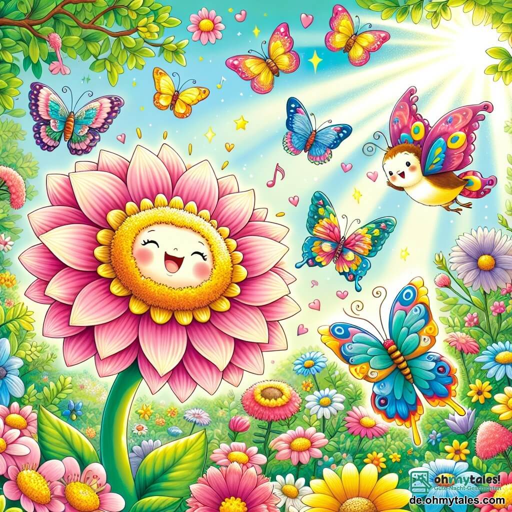 Eine kleine bunte Blume mit rosa und gelben Blütenblättern steht stolz im Zentrum des Gartens, strahlend vor Freude und lächelnd, tanzend unter der hellen Sonne. Um sie herum fliegen mehrere Schmetterlinge mit bunten Flügeln in Blau und Orange fröhlich, ihre Gesichter drücken Aufregung aus, während sie Pirouetten in der Luft drehen. Ein Vogel singt auf einem nahegelegenen Ast, mit leuchtend gelbem Gefieder und einem fröhlichen Blick, was zur festlichen Frühlingsatmosphäre beiträgt. Der Garten ist ein wahres lebendiges Bild, gefüllt mit strahlenden Blumen, üppigem Grün und Sonnenstrahlen, die durch die Blätter filtern und eine magische und bezaubernde Atmosphäre schaffen. Die kleine Blume und ihre Freunde feiern gemeinsam den Frühling, tanzen und singen, umgeben von der Schönheit der Natur, erfüllt von Glück und Energie.