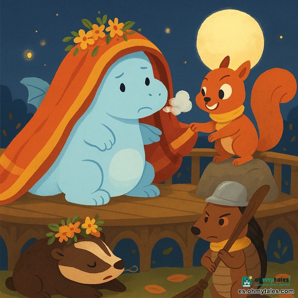 Un pequeño dragón-nube azul pálido, dulce y redondeado, avergonzado pero decidido, con vapor de vainilla saliendo de la nariz, lleva una gran manta a rayas rojas y amarillas como capa, medio sobre la cabeza, y una corona de flores torcida; una ardilla vivaz de pelaje rojizo y bufanda amarilla, traviesa y risueña, tira suavemente del borde de la manta desde la derecha, posada en una piedra; un gran tejón esponjoso, marrón oscuro y crema, dormido en el mirador con una corona de flores torcida y ronquidos visibles, algo sorprendido, recostado detrás del dragón; un armadillo serio con casco de cacerola y una escoba larga como lanza, de pie más abajo en los peldaños, con aire severo y divertido; el mirador es una plataforma circular de madera en un pequeño belvedere, iluminada por luciérnagas amarillas como guirnaldas, con barandilla tallada, hojas caídas y una gran luna redonda al fondo; escena cómica y tierna: el dragón intenta parecer heroico pero está enredado en su manta-capa, ambiente dulce, divertido y sereno, texturas gráficas nítidas, colores cálidos y contrastados, formas redondeadas y expresiones exageradas.