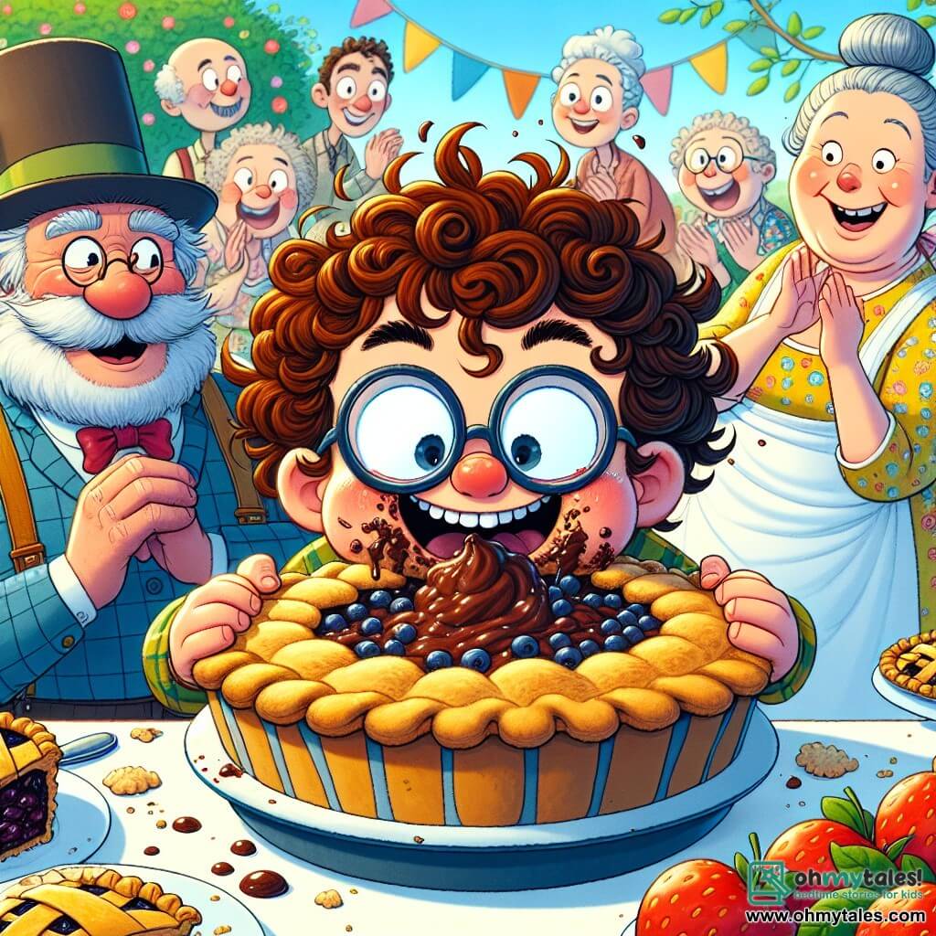 An 8-year-old boy, Charlie, with curly, messy hair, wears round glasses that slide down his nose. He has a big smile, his cheeks covered in chocolate cream, and is diving his face into a huge blueberry pie, his hands full of filling. Next to him, Mr. Wobblebottom, an elderly man with a bushy mustache and a top hat, watches the scene with an amused smile, holding a large pie. In the background, Mrs. Snickerdoodle, a cheerful woman with gray hair in a bun and a colorful apron, claps and laughs, surrounded by curious neighbors. The scene takes place in a sunny garden filled with colorful flowers and floating balloons, where a large table is covered with all kinds of pies. The main situation shows Charlie in action, laughing and having fun while trying to eat the pies as fast as possible, creating a joyful and festive atmosphere.