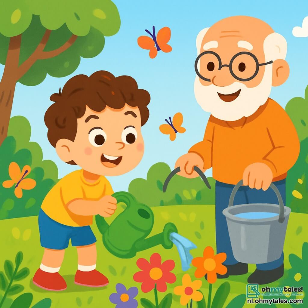 Een 6-jarig jongetje met bruin, krullend haar, een stralende glimlach en nieuwsgierige ogen, is bloemen aan het water geven met een grote groene peul. Naast hem staat zijn grootvader, een oudere man met een witte baard en ronde brillen, die trots glimlacht terwijl hij een emmer met regenwater vasthoudt. Ze bevinden zich in een prachtige zonnige tuin, vol kleurrijke bloemen met heldere bloemblaadjes, fladderende vlinders en loofbomen. De scène straalt een vrolijke en warme sfeer uit, die het moment illustreert waarop ze samen voor de natuur zorgen, omringd door groen en leven.