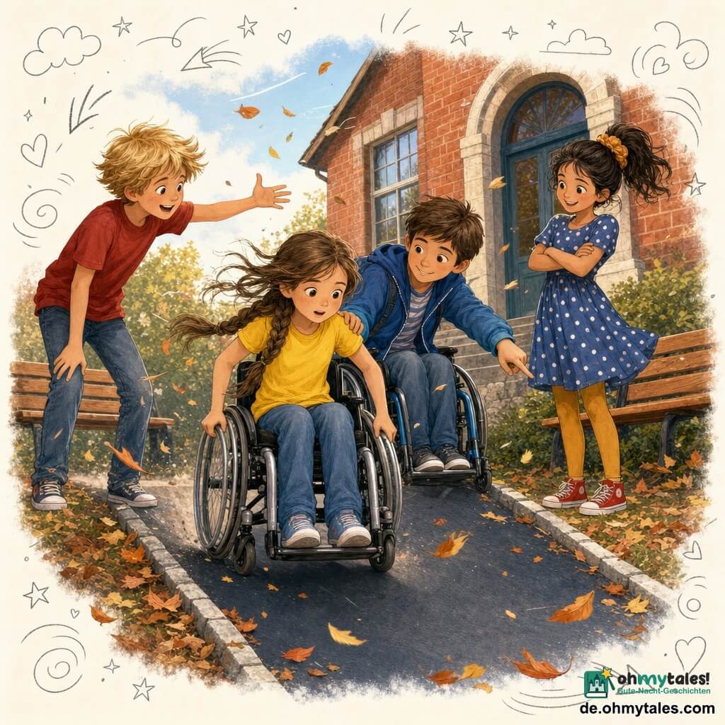 Vier Kinder: Lina, ca. 10 Jahre, kastanienbraune Zöpfe, gelbes T‑Shirt und Jeans, schüchtern im Rollstuhl sitzend, Hände an den Metallreifen, im Vordergrund auf der Rampe; Jona, ca. 10, kurz braune Haare, ruhiges Lächeln, blaue Jacke, in eigenem Rollstuhl neben Lina, eine Hand am Rücken zur Unterstützung, die andere zeigt die Steigung; Ben, ca. 10, blonder zerzauster Haarschnitt, rotes T‑Shirt, links, nach vorn gebeugt wie ein Reporter, gestikulierend und anfeuernd; Mara, ca. 10, schwarzes Haar mit großem Haargummi, gepunktetes Kleid, rechts an der Rampe, verschränkte Arme, lächelnd und beschützend. Ort: vor einem kleinen Backsteinschulbücherschrank, zwei lackierte Holzbanken, leicht geneigte Asphalt rampe mit Laub und Steinkante, weiches Nachmittagslicht, windiger Himmel mit wirbelnden Blättern. Szene: Lina probiert den Rollstuhl auf der Rampe, konzentriert und erstaunt, Jona stützt sie, Ben feuert laut an, Mara wacht lächelnd — dynamische Komposition mit Bewegung, aufgewirbeltem Staub, wehenden Haaren, kräftigen Farbkontrasten (Gelb, Rot, Blau) und realistischen Texturen (Holz, Backstein, Metall).
